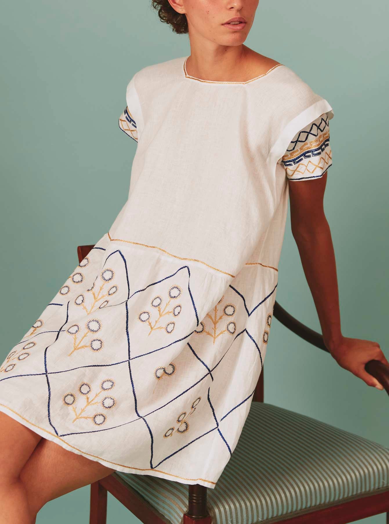 Close up view of Allison Mini Dress: Archaic Embroidery in White by Thierry Colson