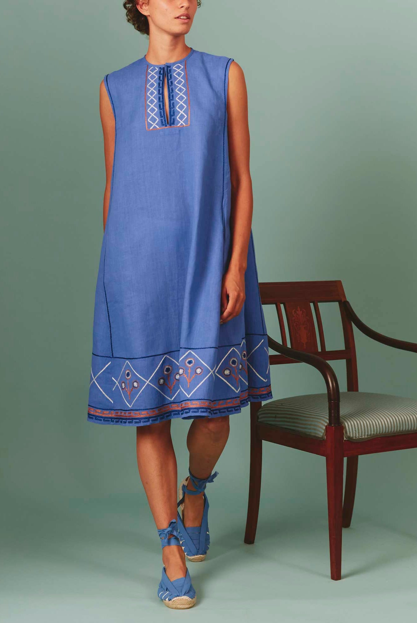 Front view of Lavender Archaic Embroidery Apolonia Midi by Thierry Colson