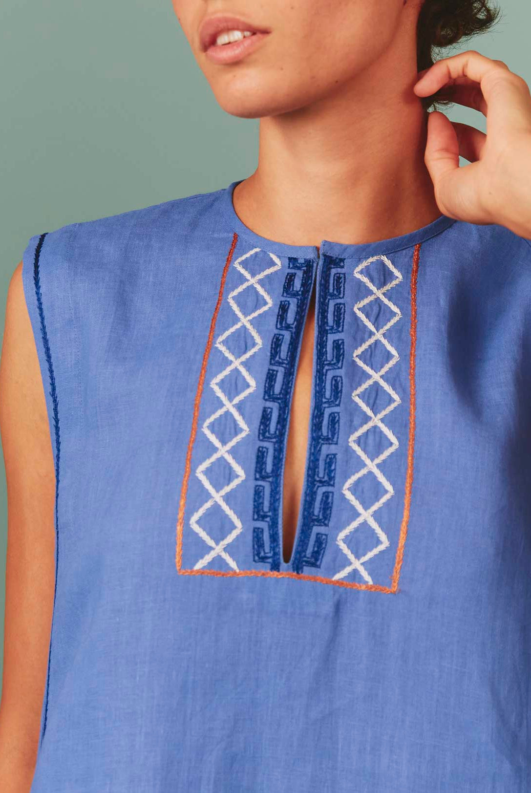 Detailed view of neckline of Lavender Archaic Embroidery Apolonia Midi by Thierry Colson