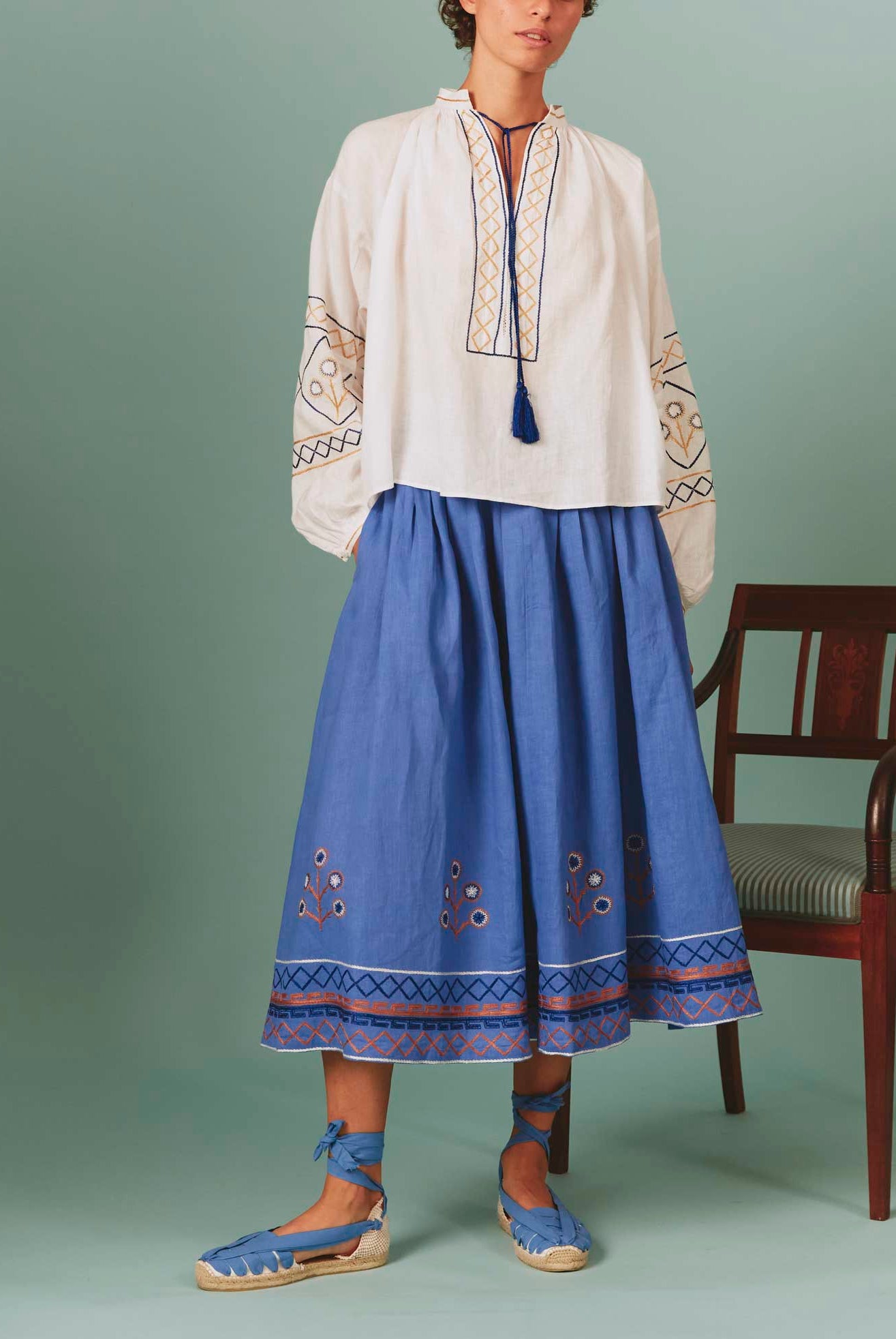Large front view of Lavender Zazou Skirt with White Guise Blouse: Archaic Embroidery by Thierry Colson