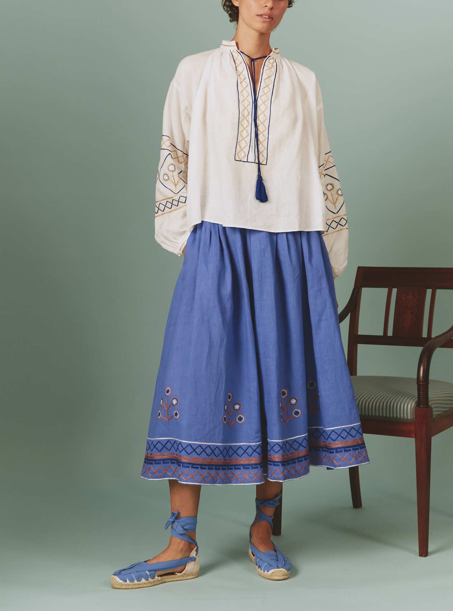 Large front view of Lavender Zazou Skirt with White Guise Blouse: Archaic Embroidery by Thierry Colson