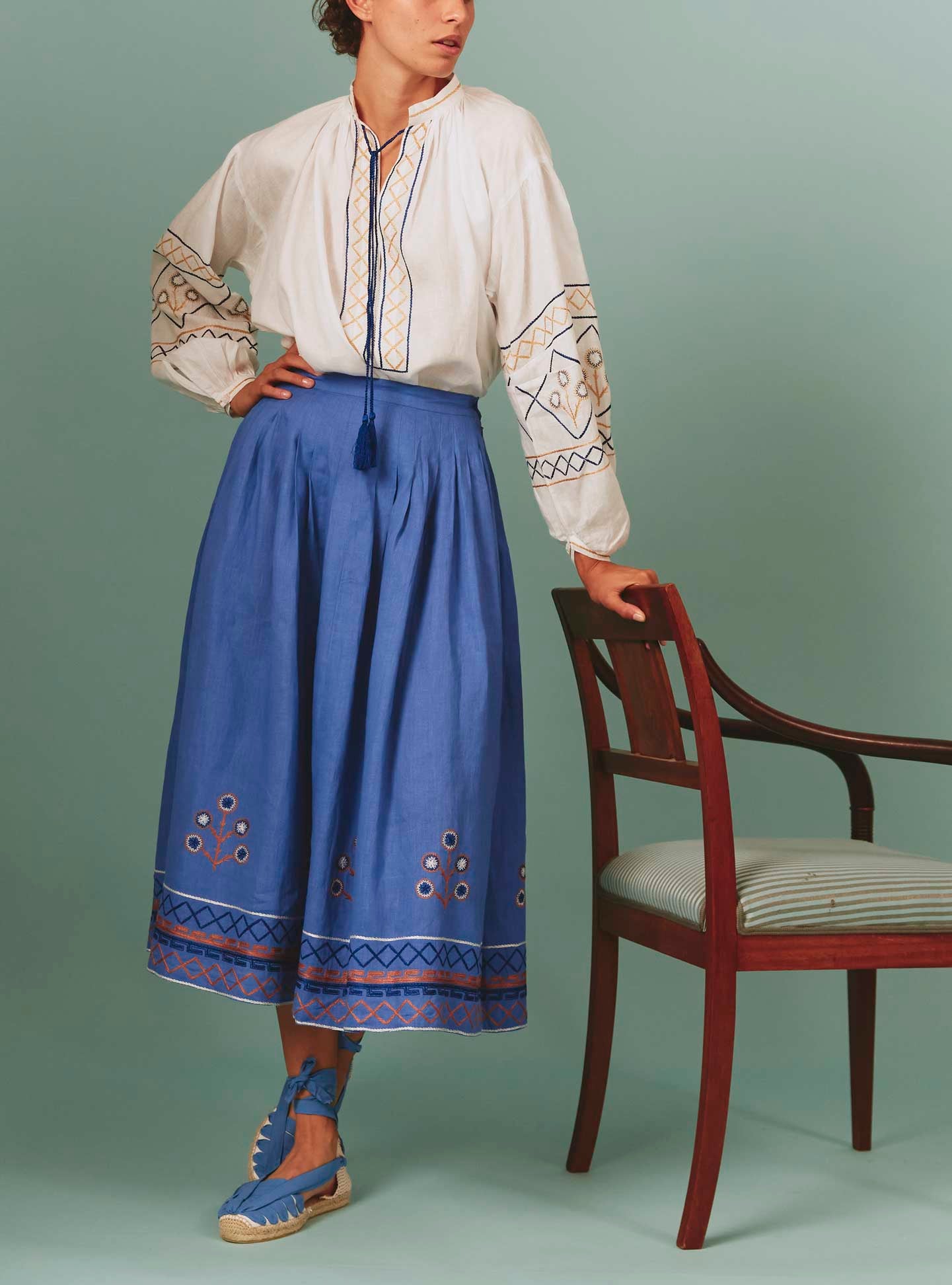 Large view of Lavender Zazou Skirt with White Guise Blouse: Archaic Embroidery by Thierry Colson