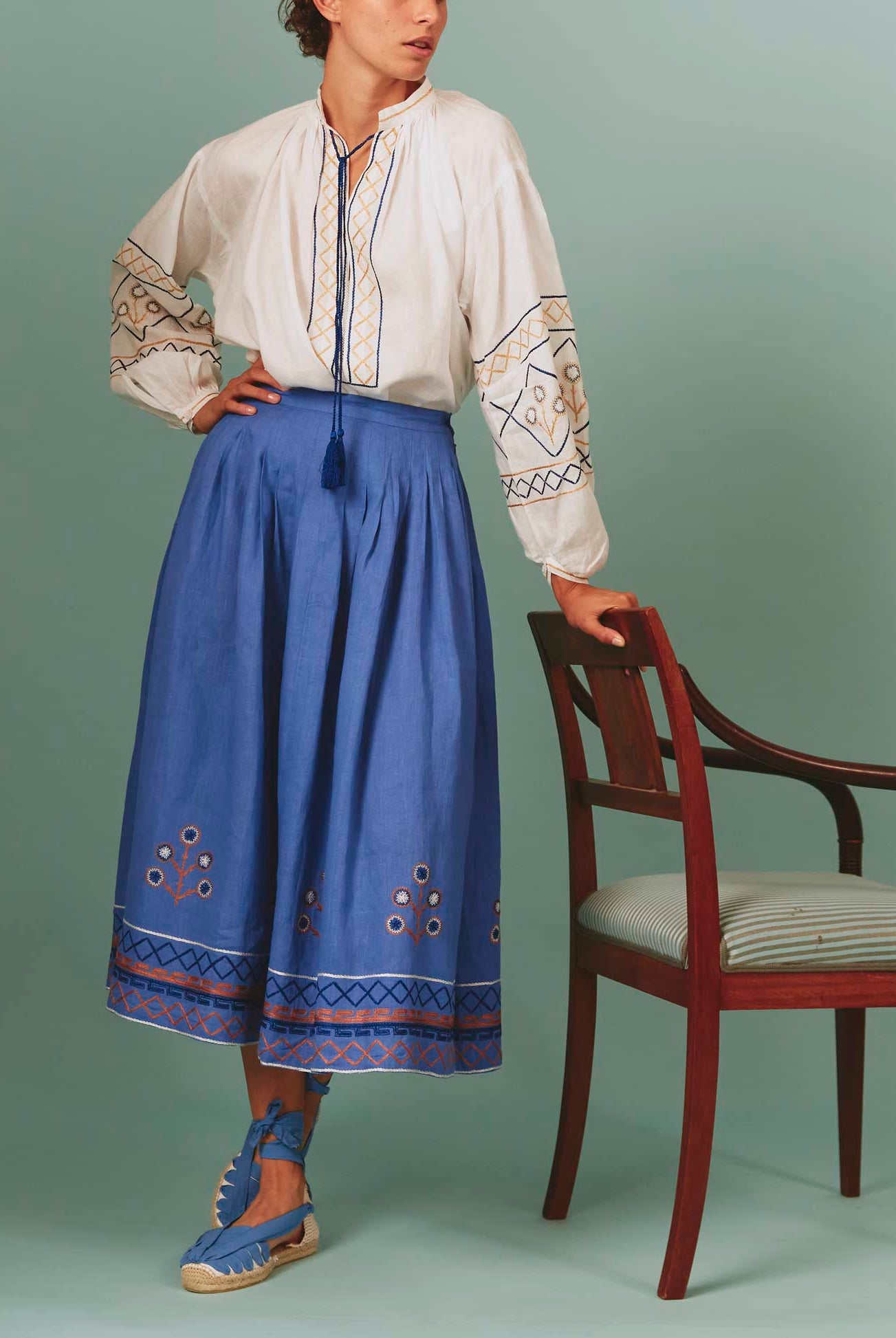 Large view of Lavender Zazou Skirt with White Guise Blouse: Archaic Embroidery by Thierry Colson
