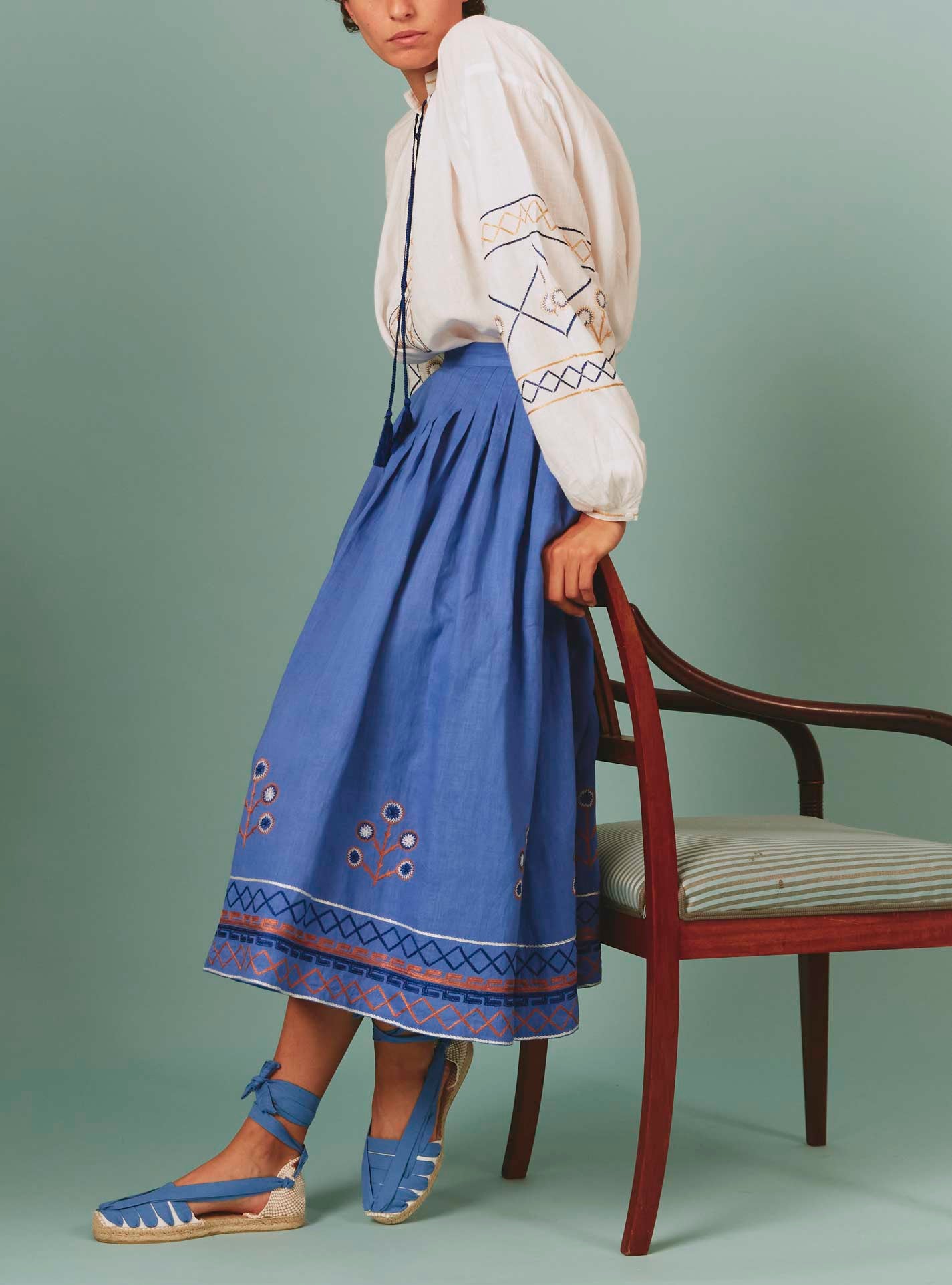 Large side view of Lavender Zazou Skirt with White Guise Blouse: Archaic Embroidery by Thierry Colson
