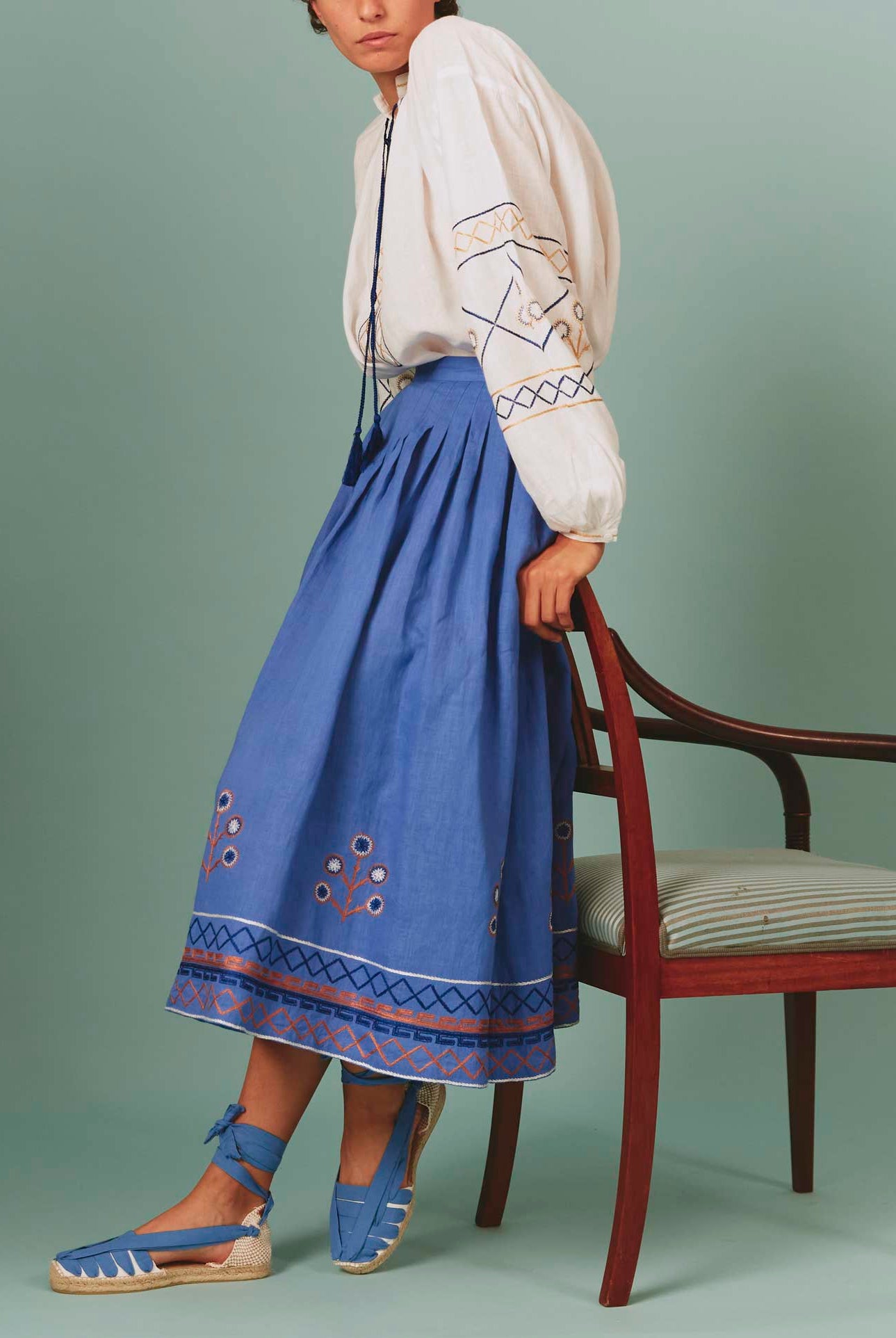 Large side view of Lavender Zazou Skirt with White Guise Blouse: Archaic Embroidery by Thierry Colson