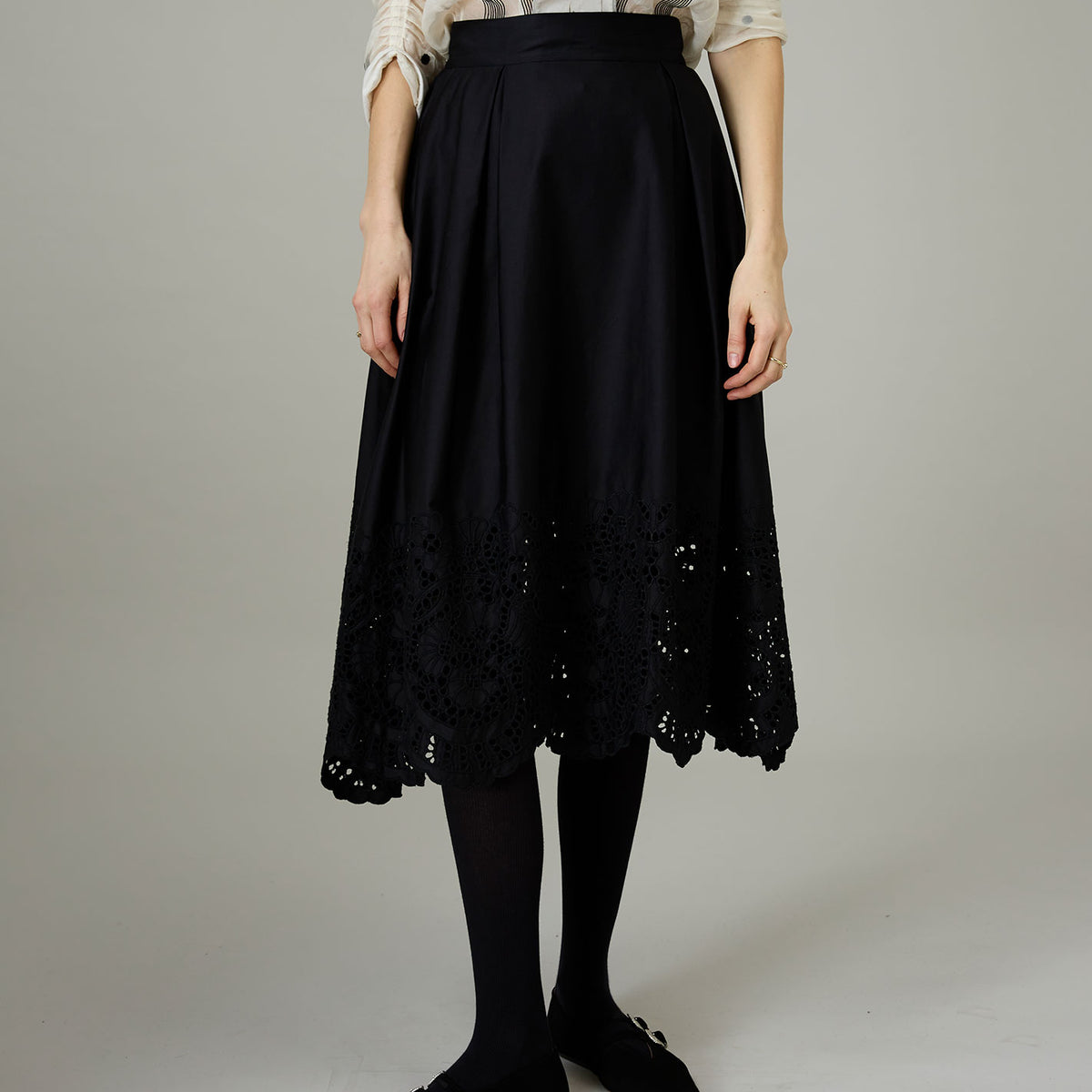 Wynona Skirt – Black Cotton Satin Guipure Hem - Main Image