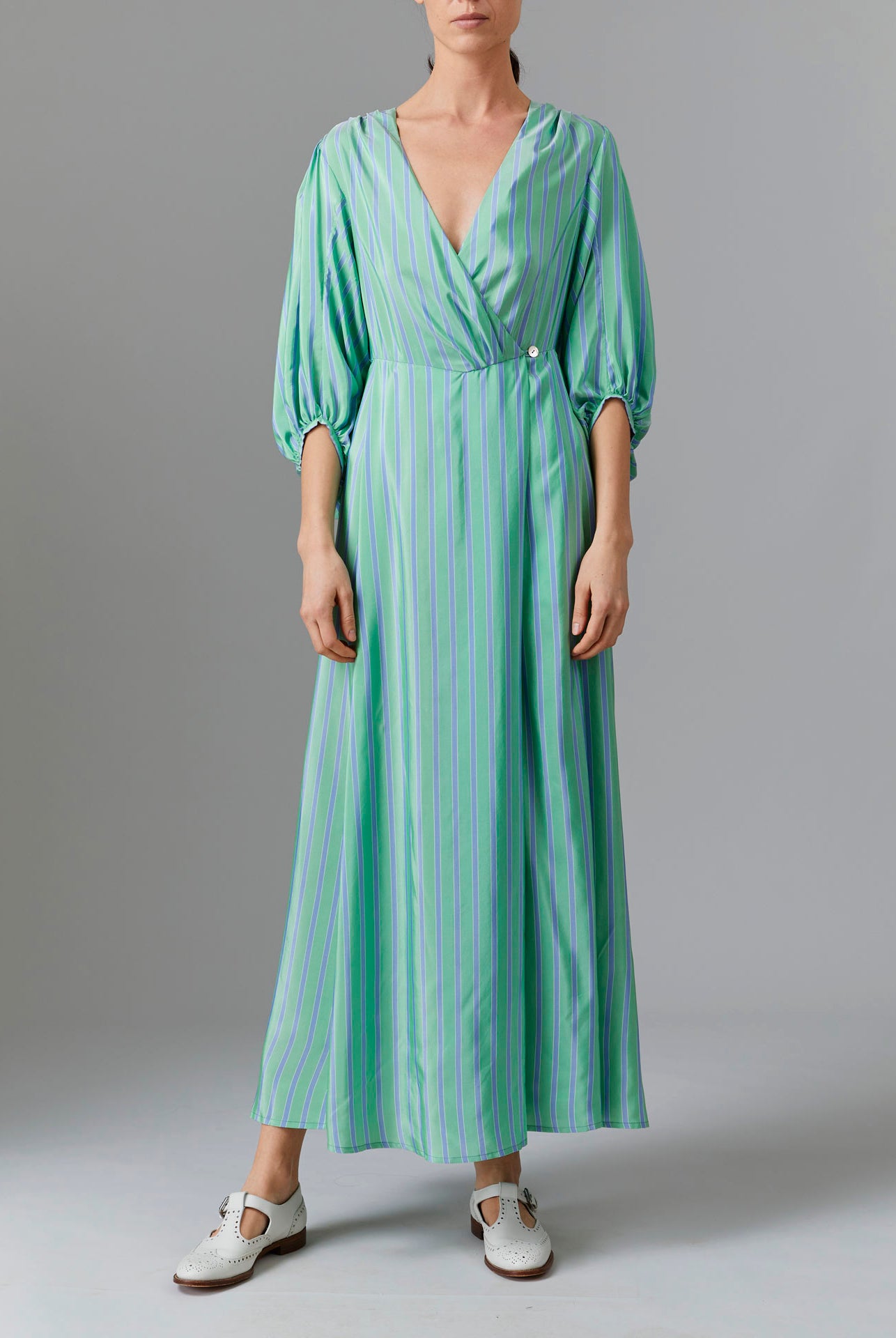 Front view of Phoebe Long Dress - Silk Road Stripes in Green/Blue | Thierry Colson Fall 2024 Collection