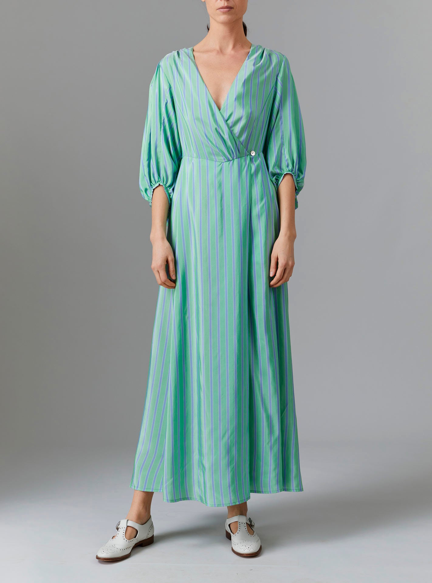 Front view of Phoebe Long Dress - Silk Road Stripes in Green/Blue | Thierry Colson Fall 2024 Collection