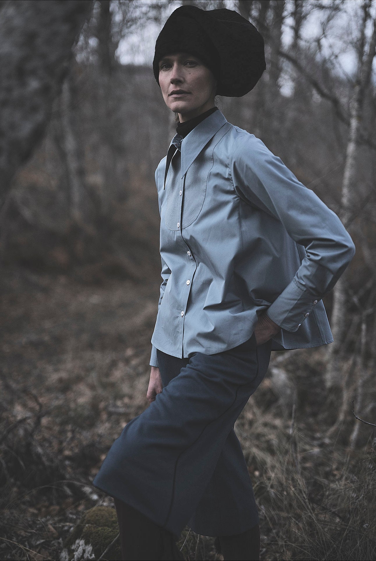 Denni is wearing Alcide Ice Blue Shirt - Topstitching Poplin by Thierry Colson photographed by Stéphane Gautronneau