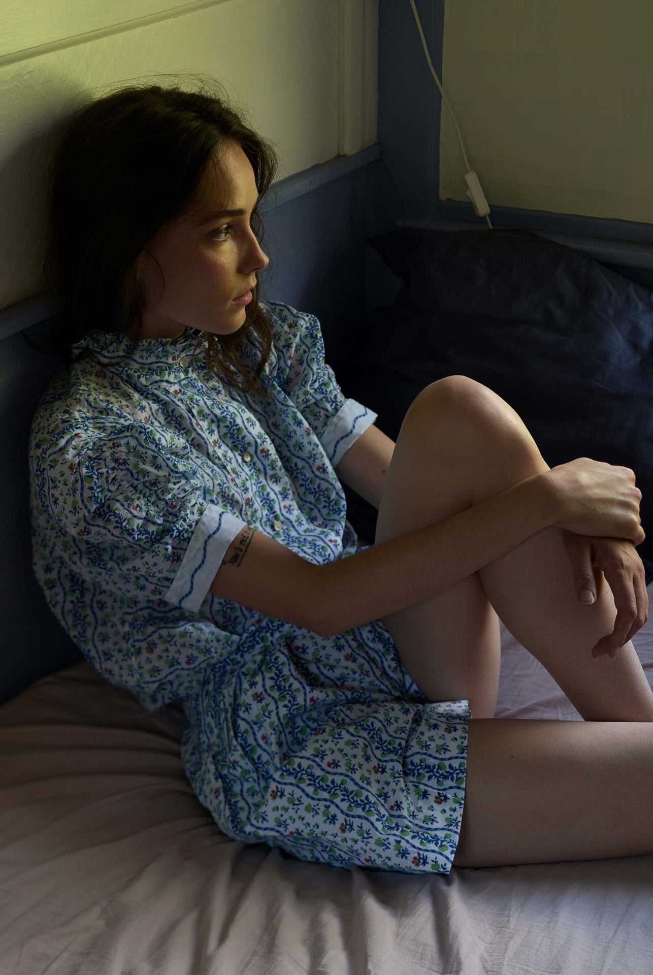 Valeria wearing Vita Liselund Print Green / Cobalt Blouse with Kenya Shorts by Thierry Colson photographed by Stéphane Gautronneau