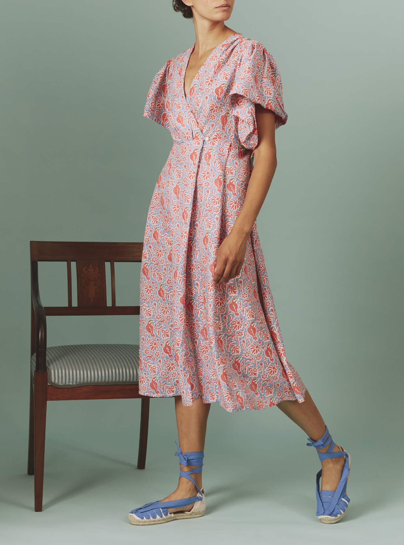 Marieke Blue Grey / Watermelon Parrot Print Midi Dress by Thierry