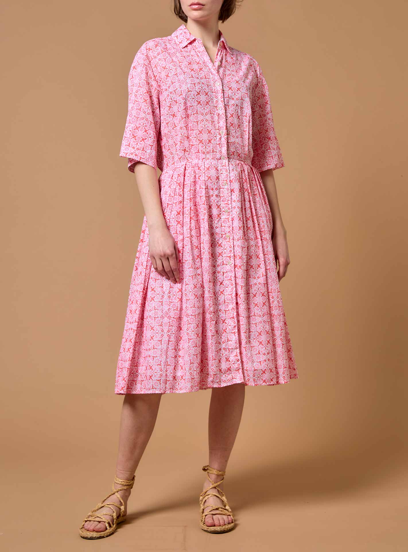 Front view of Oriane  Mughal Block Print Multico Red dress by Thierry Colson