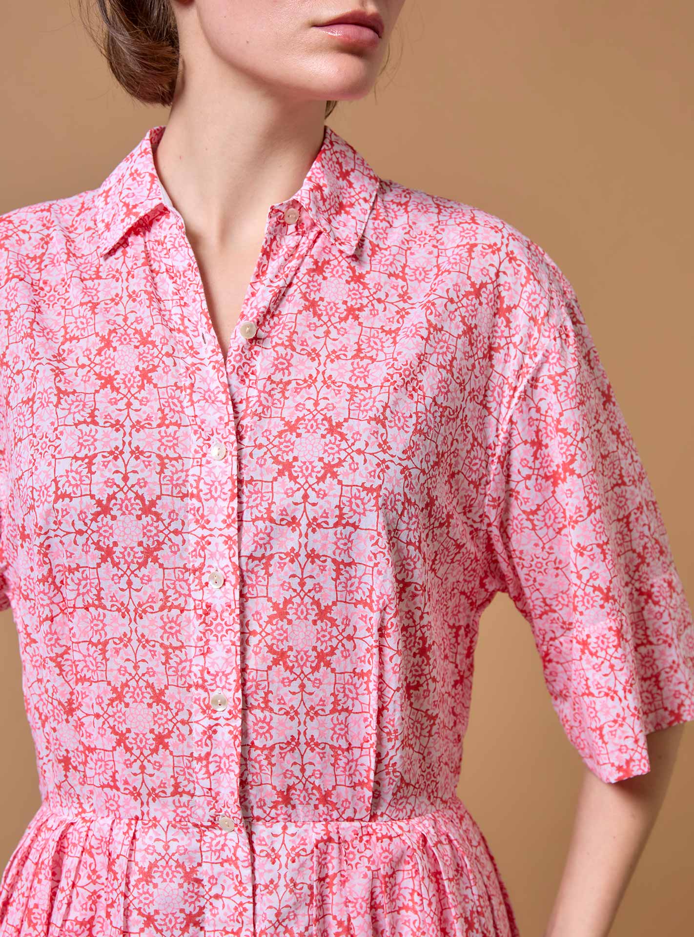 Collar detail of Oriane  Mughal Block Print Multico Red dress by Thierry Colson