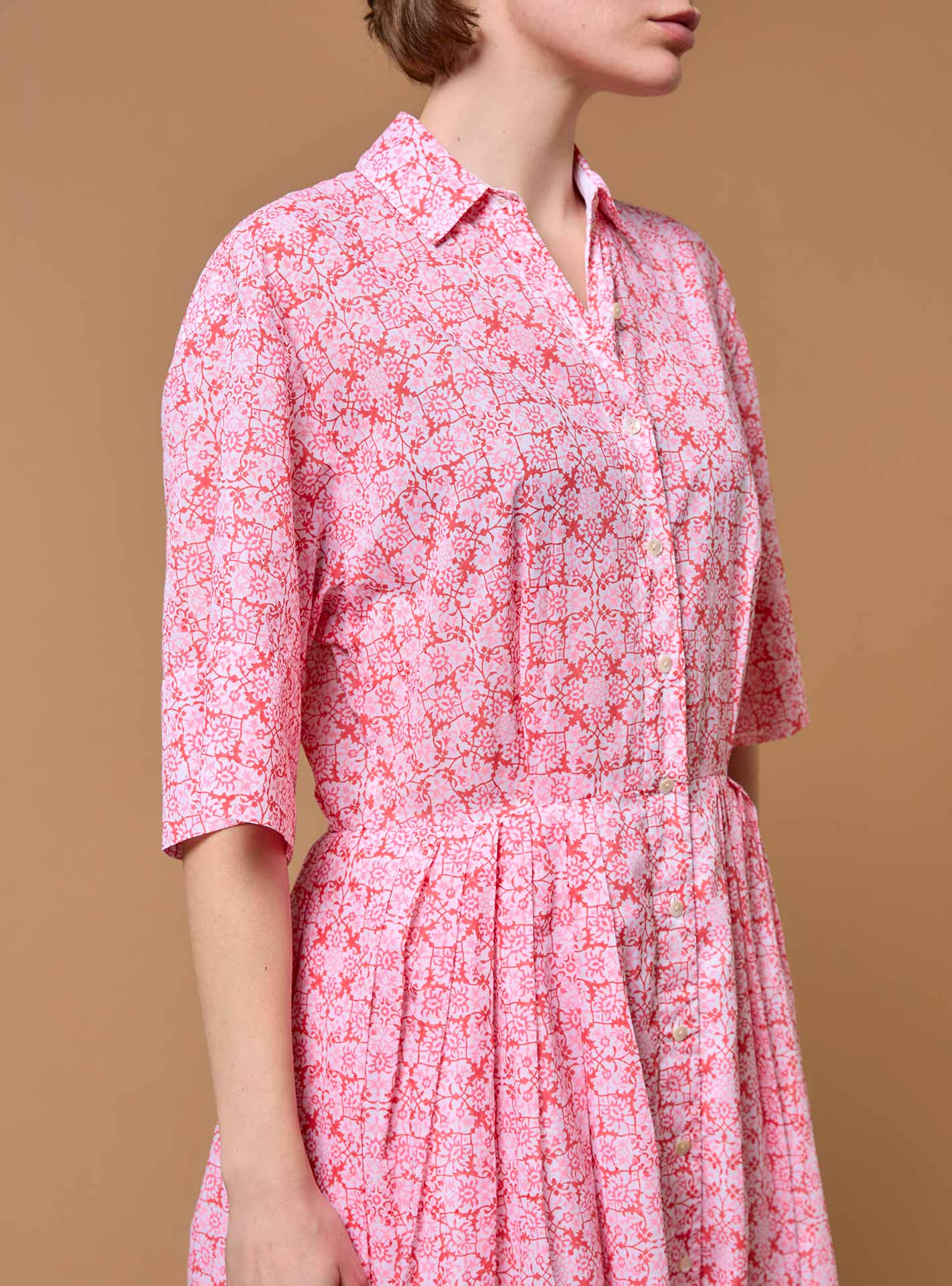 Close up of Oriane  Mughal Block Print Multico Red dress by Thierry Colson