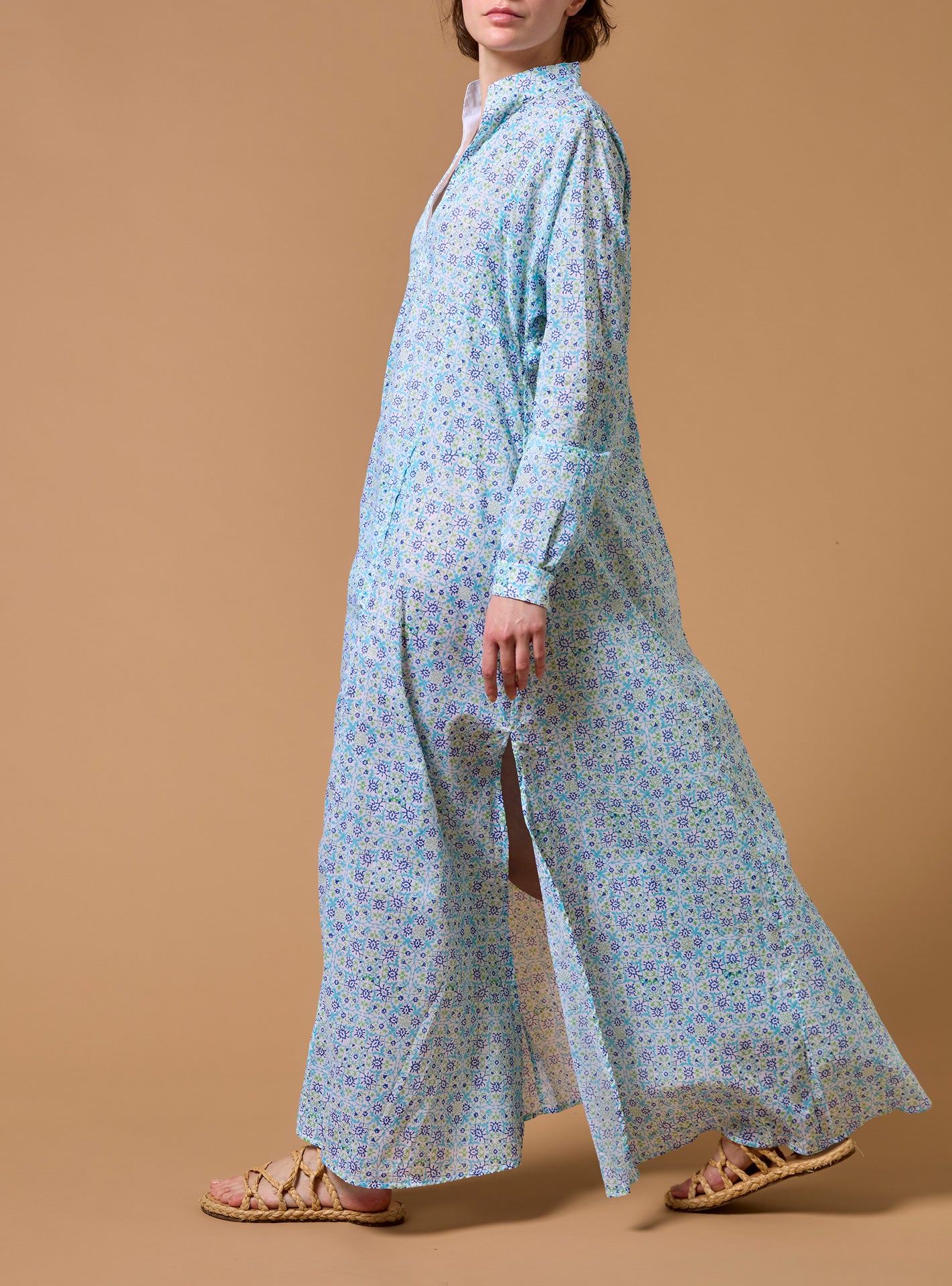 Side view of Parvati Multico blue long Kaftan by Thierry Colson
