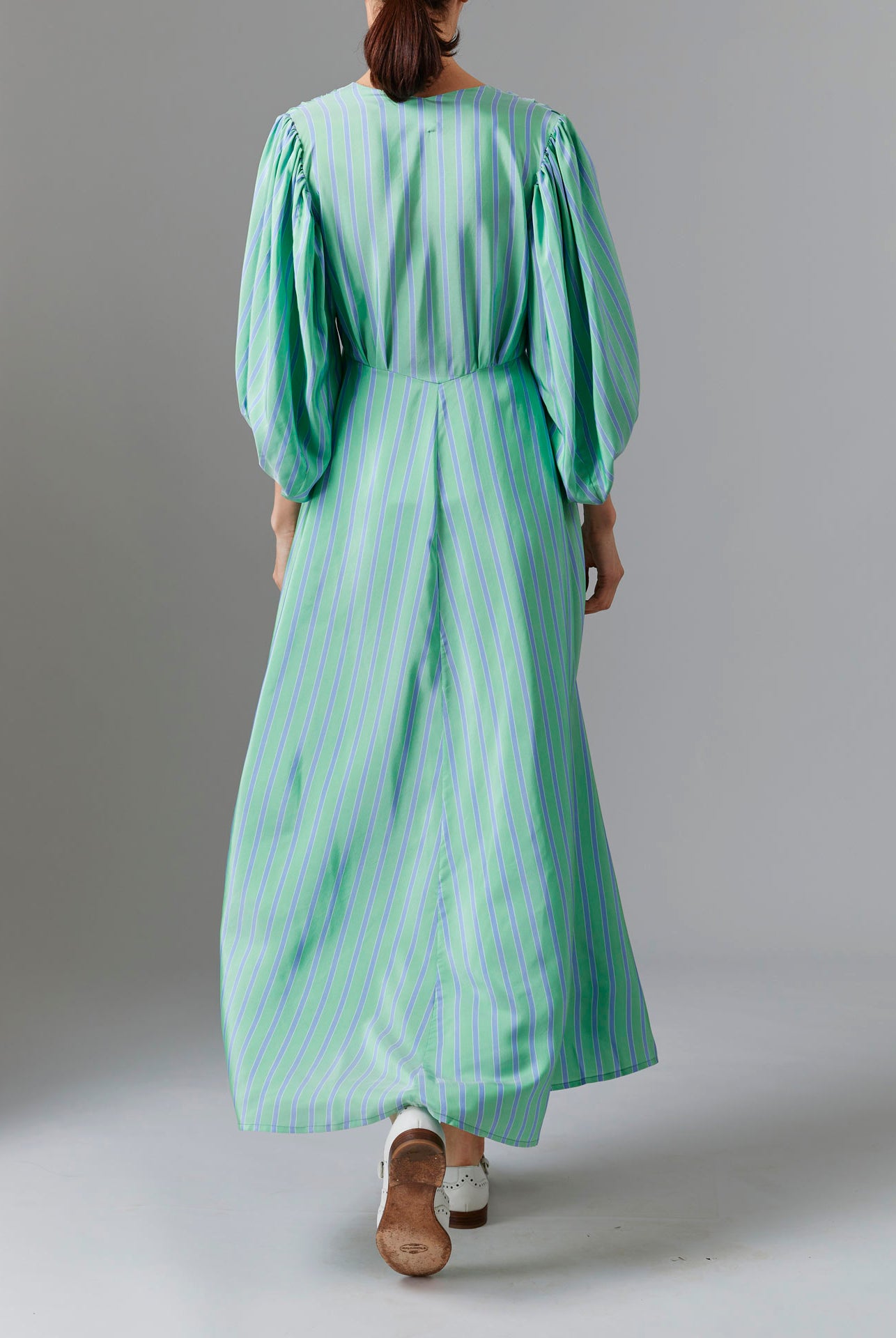 Back view of Phoebe Long Dress - Silk Road Stripes in Green/Blue | Thierry Colson Fall 2024 Collection