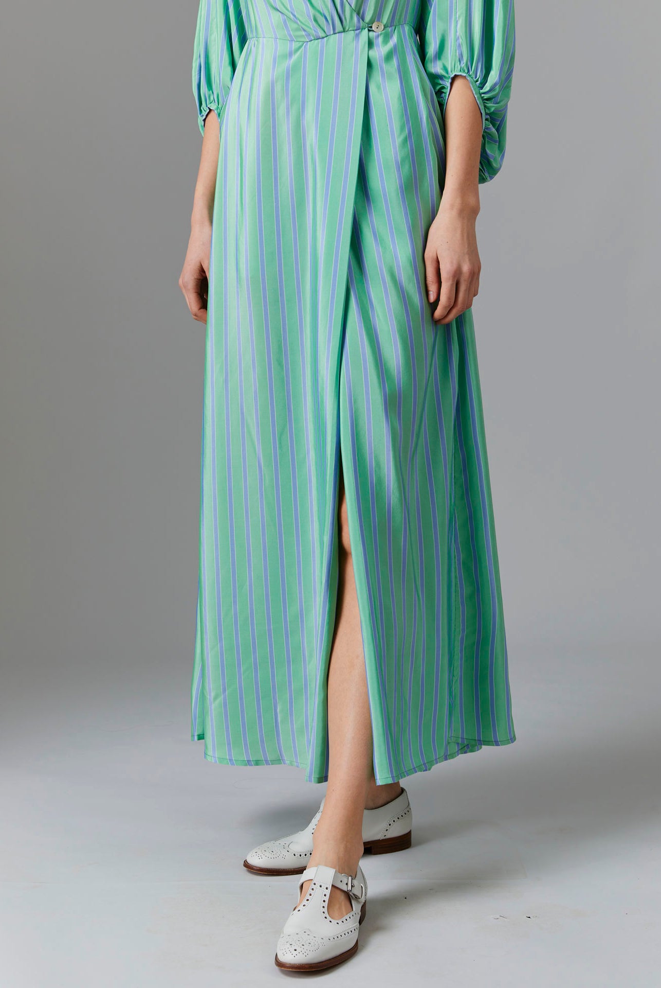 Detail view of Phoebe Long Dress - Silk Road Stripes in Green/Blue | Thierry Colson Fall 2024 Collection