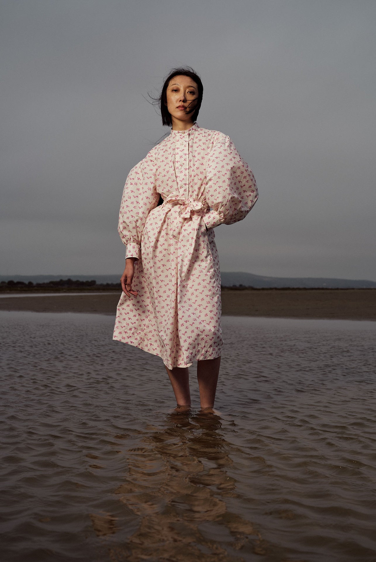 Photo Lookbook Yvonne Midi Dress Stuart-Inspired Sleeves Cottage Print Old Rose Hue by Thierry Colson - © Stéphane Gautronneau