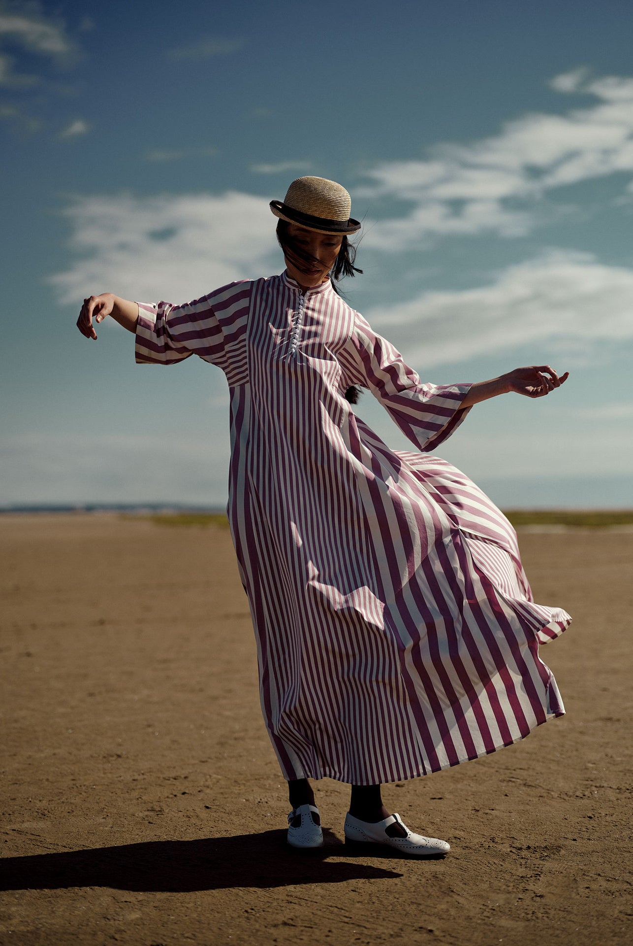 Rachel Long Kaftan in Cyclamen with bold stripe patterns by Thierry Colson