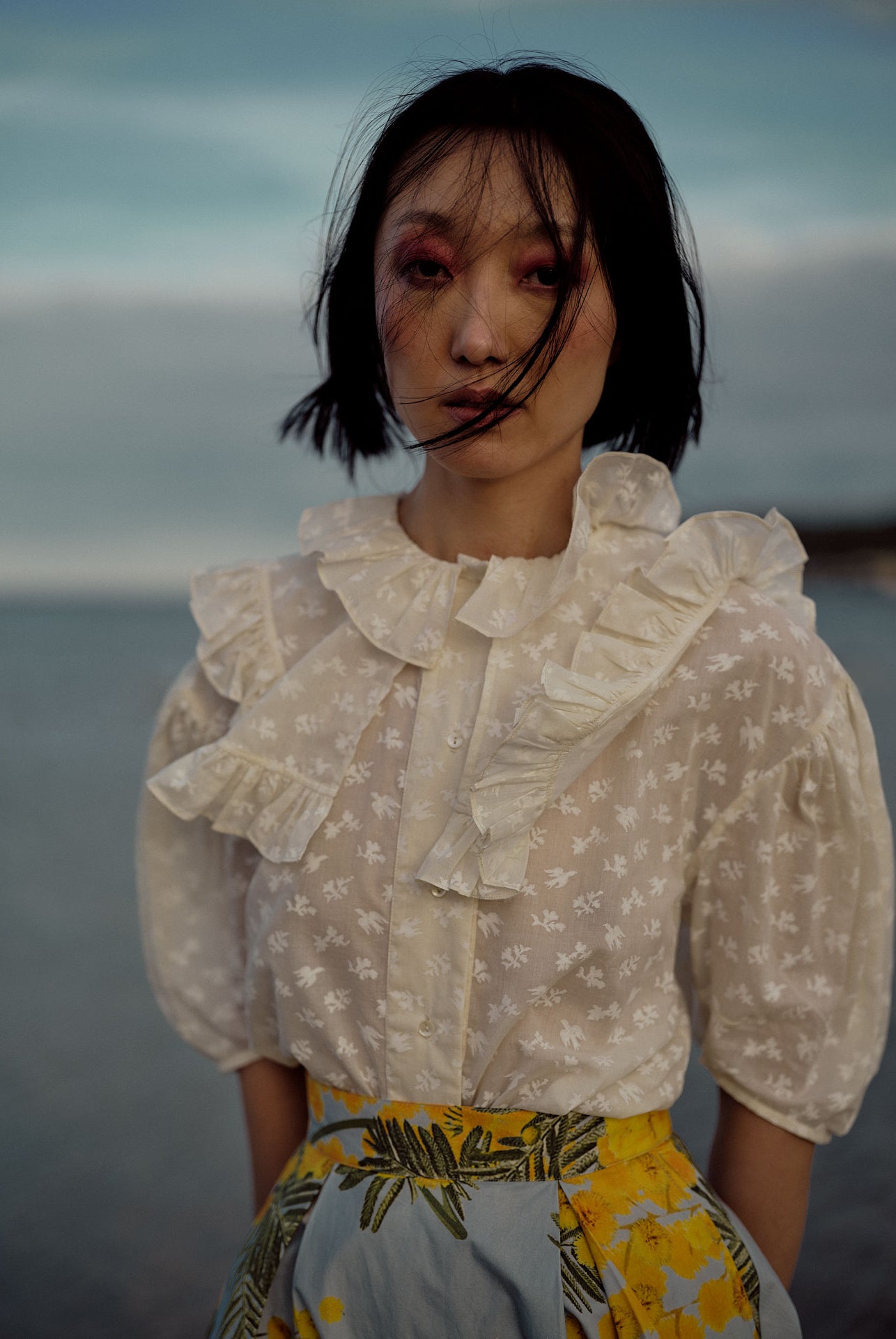 Lookbook photo of Vanina Romantic Blouse Hand Block-Printed Birds Flowers Ruffled Collar by Thierry Colson - Photo © Stephane Gautronneau