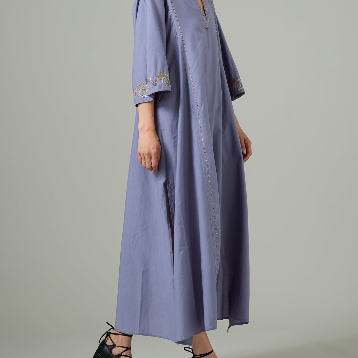 Rachel Long Kaftan  Silk Cotton Embroidered  Storm Blue  Thierry Colson