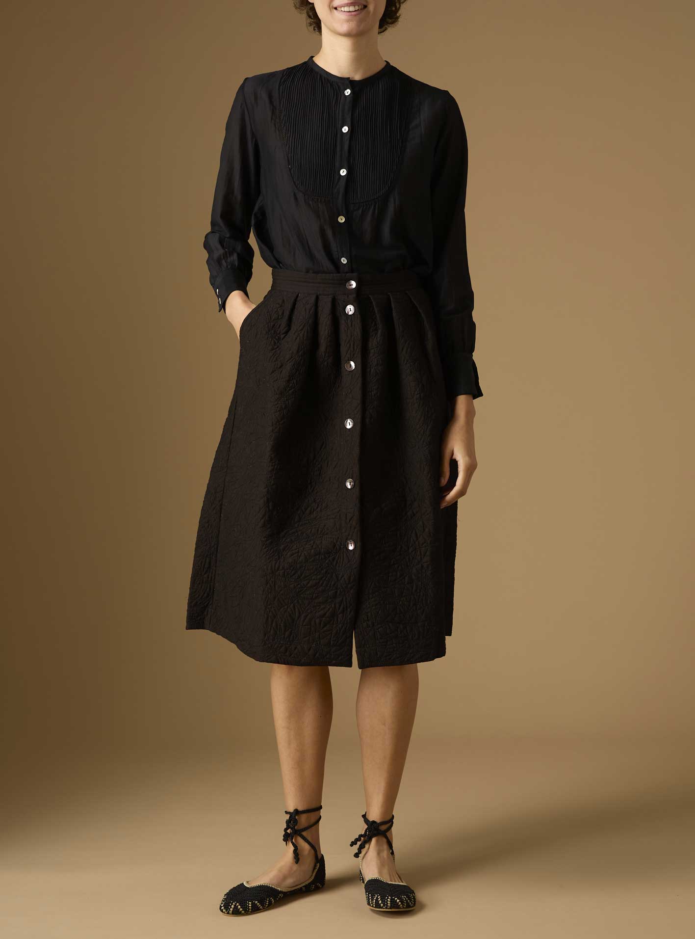 Front view of Riviera Black Cotton Silk Skirt by Thierry Colson