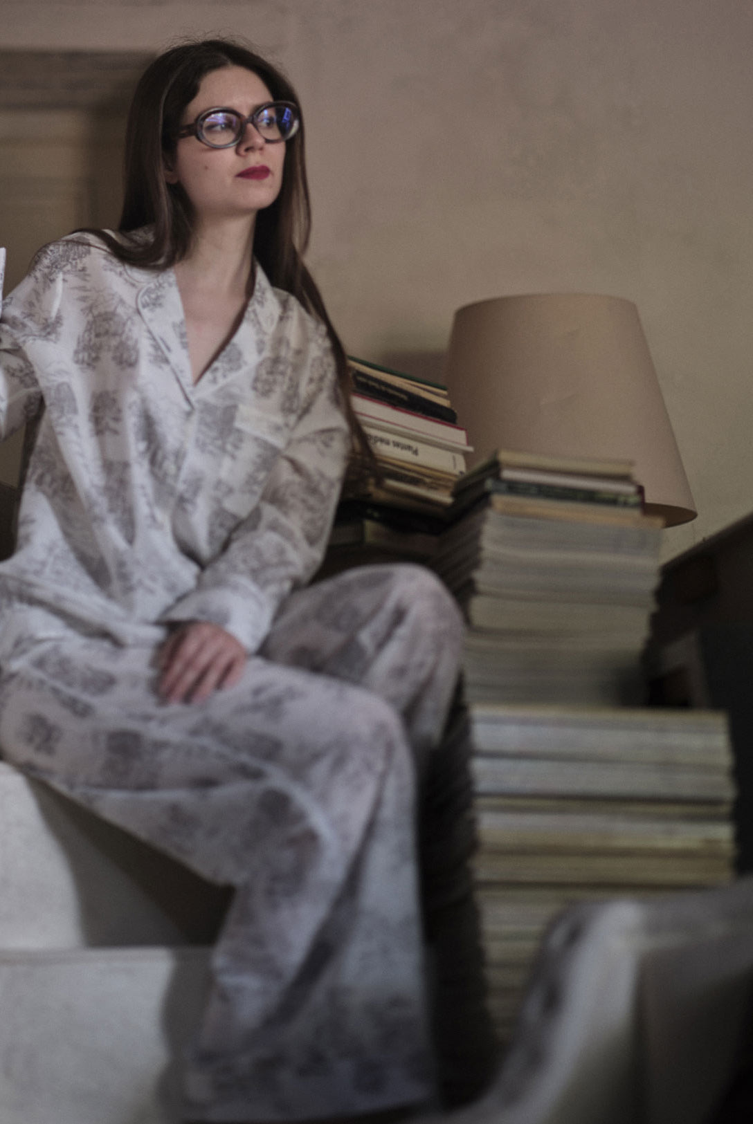 Sacha is wearing Albertine Toile de Jouy Pajamas by Thierry Colson - Photographed by Stéphane Gautronneau