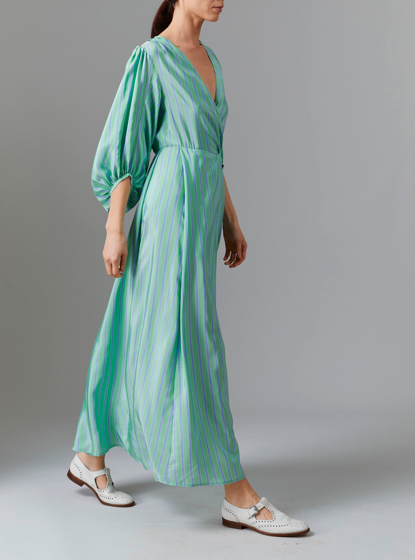 Side view of Phoebe Long Dress - Silk Road Stripes in Green/Blue | Thierry Colson Fall 2024 Collection