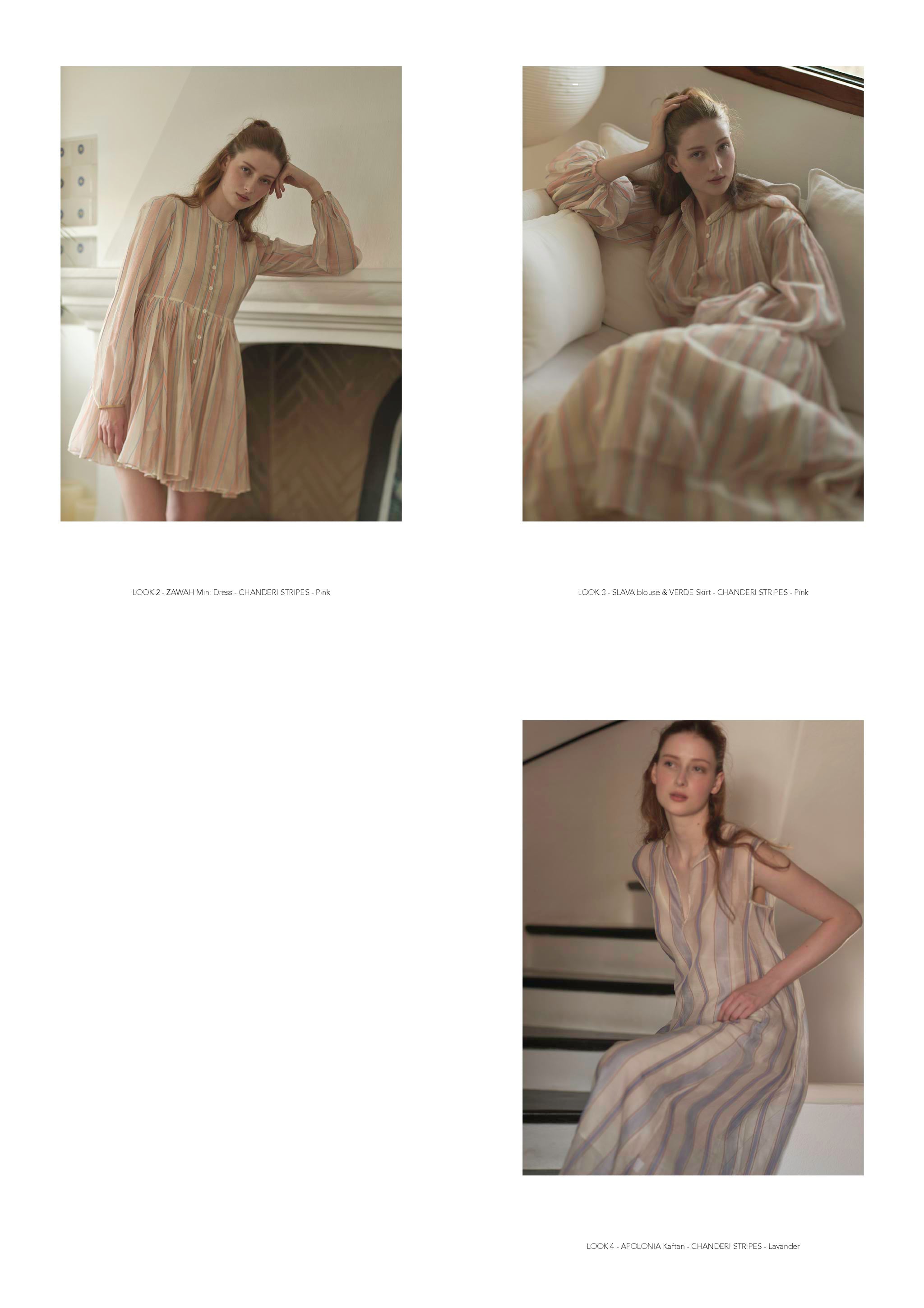 Thierry Colson Spring Summer 2024 Collection - Chanderi Stripes, Zawah mini dress, Slava blouse, Verde skirt & Apolonia Kaftan