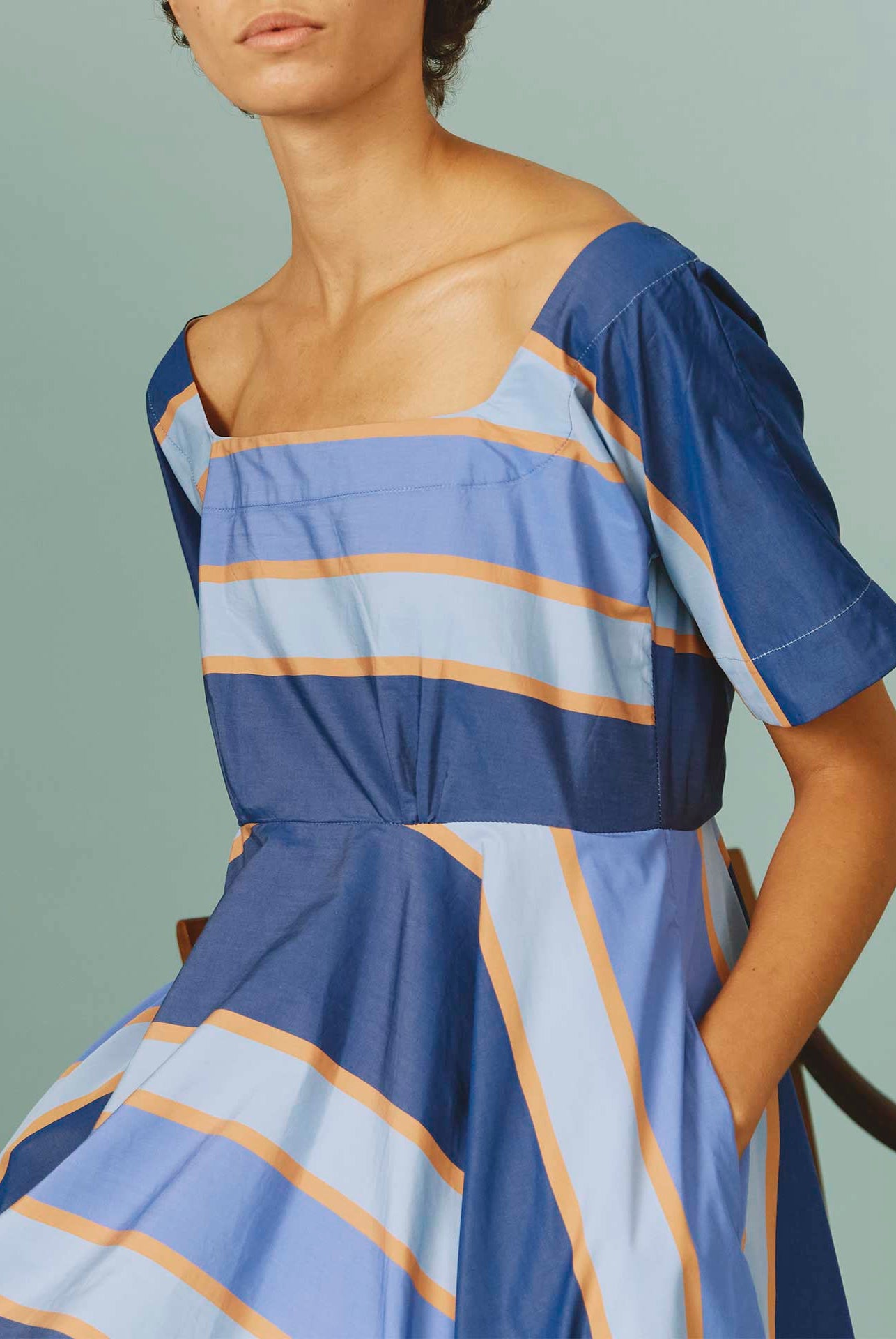 Thierry Colson's Samarkand Stripes Allegria Blue Arencio Dress - Detail of the neckline