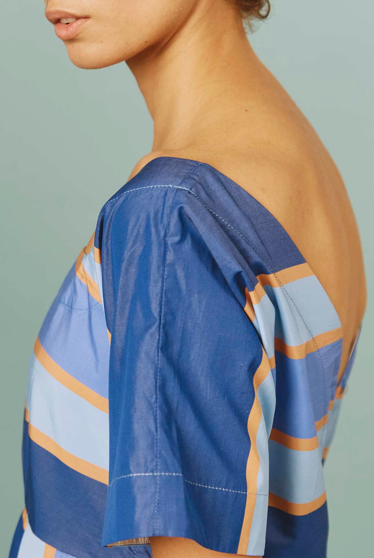 Detail of the sleeve - Thierry Colson's Samarkand Stripes Allegria Blue Arencio Dress