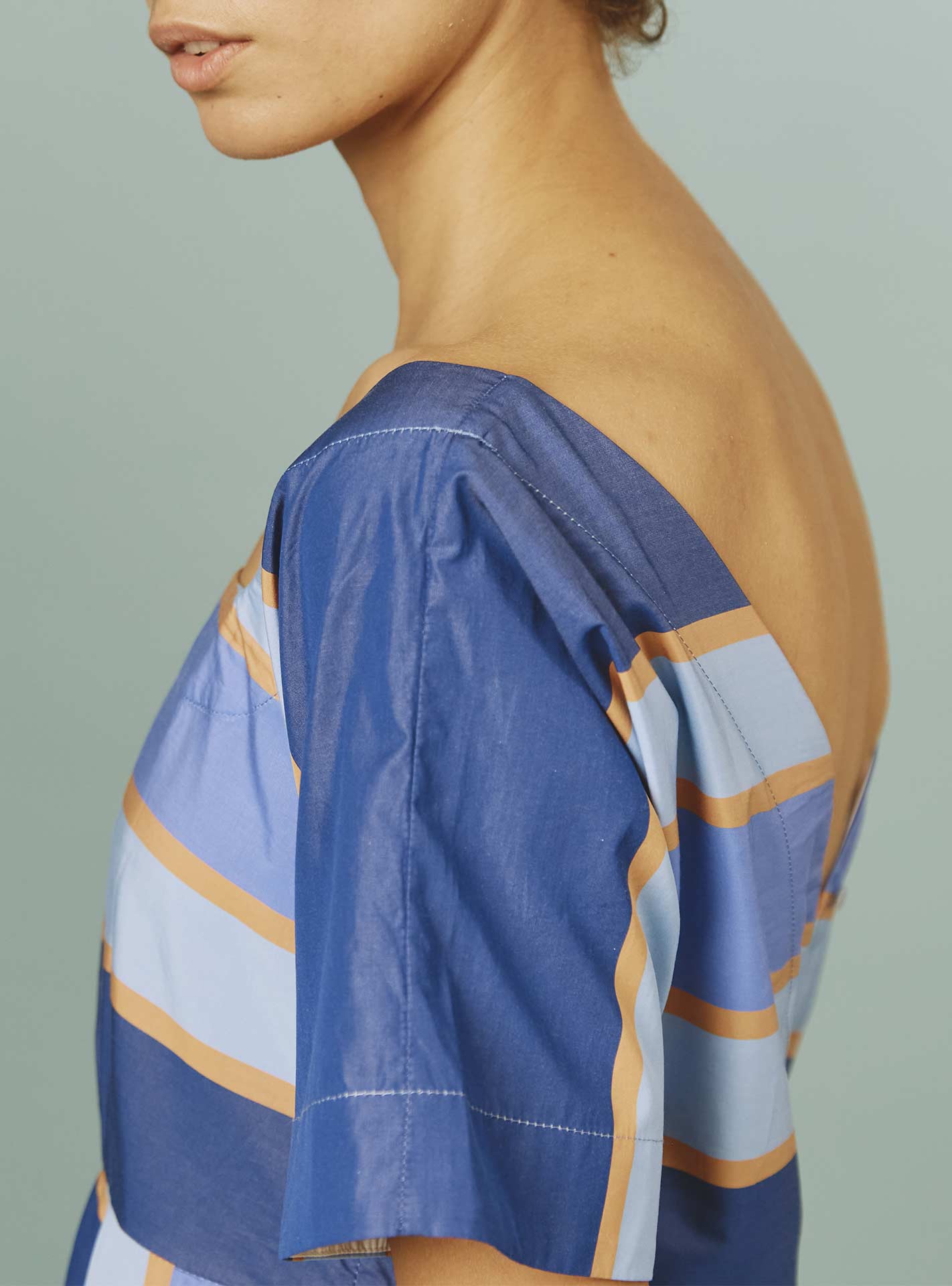Detail of the sleeve - Thierry Colson's Samarkand Stripes Allegria Blue Arencio Dress