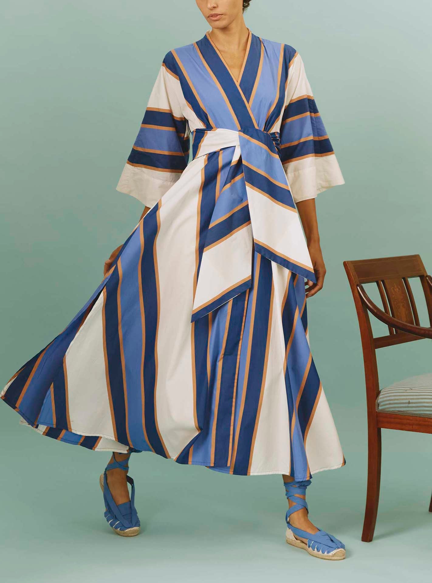 Front view of Almudena dress: Samarkand Stripes - Blue/Arancio by Thierry Colson | Spring/Summer 2024
