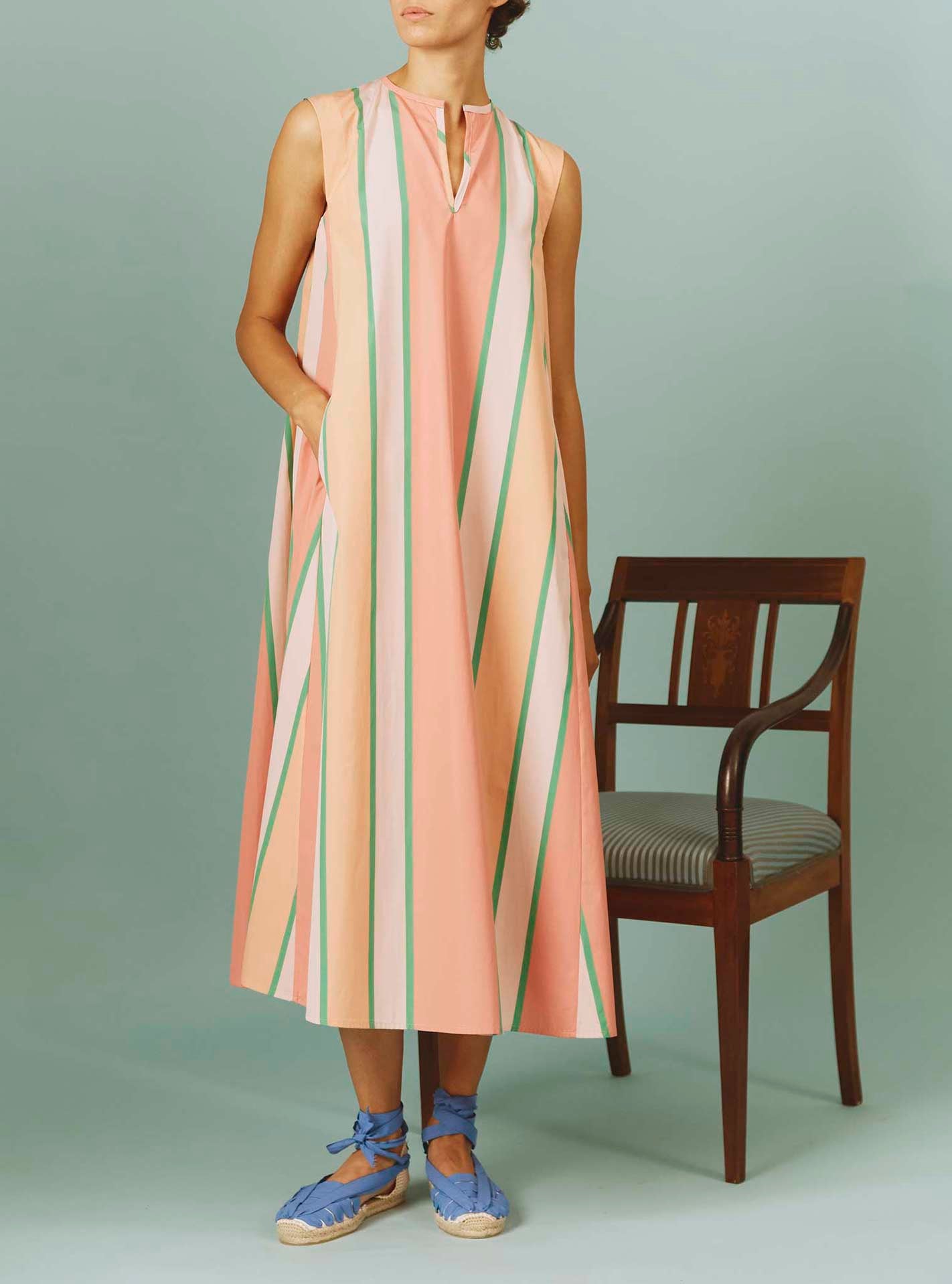 Front view of Apolonia Kaftan: Samarkand Stripes - Pink/Green by Thierry Colson | SS24 
