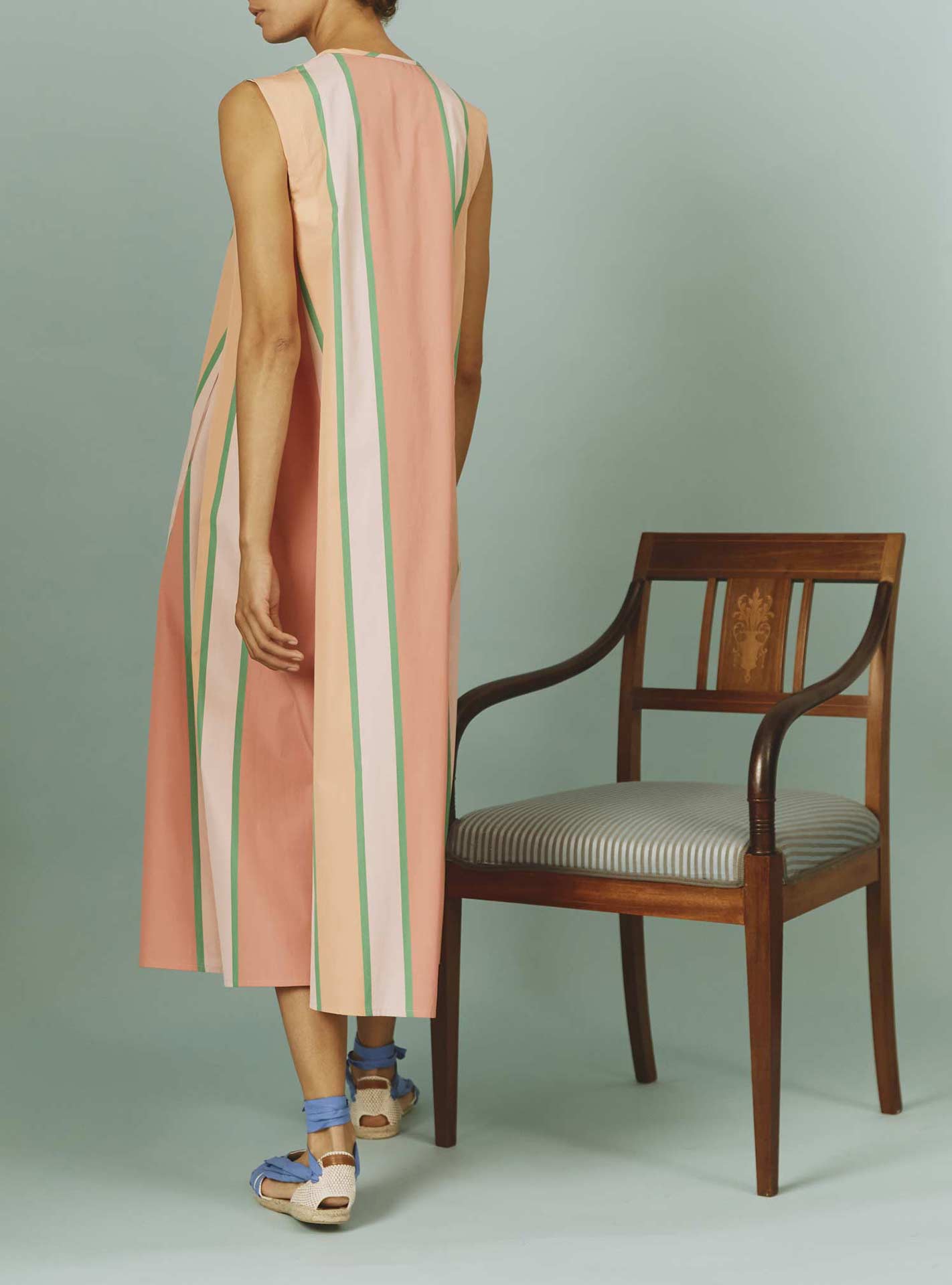 Back view of Apolonia Kaftan: Samarkand Stripes - Pink/Green by Thierry Colson | SS24