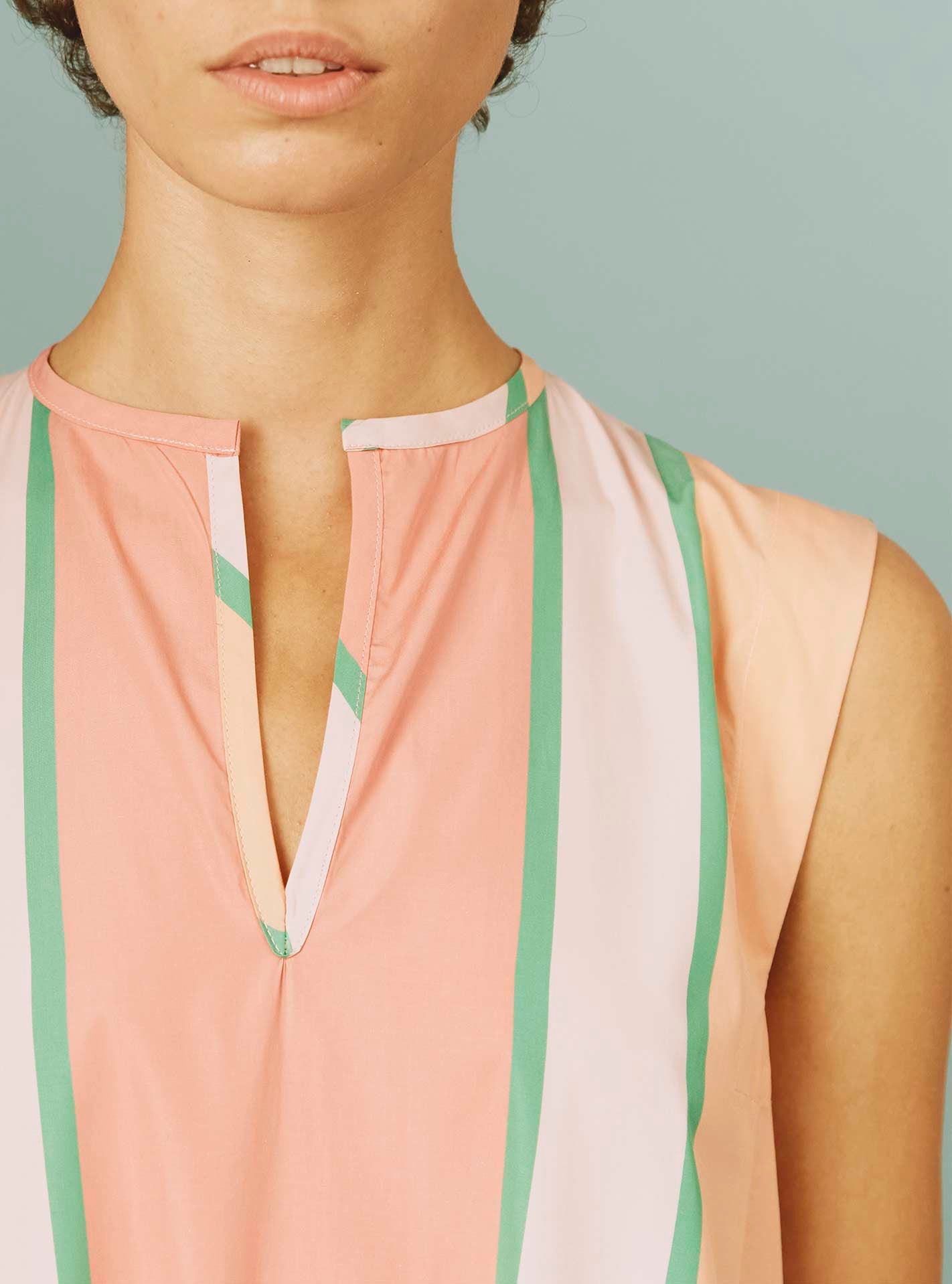 Detail of the neckline - Apolonia Kaftan: Samarkand Stripes - Pink/Green by Thierry Colson | SS24