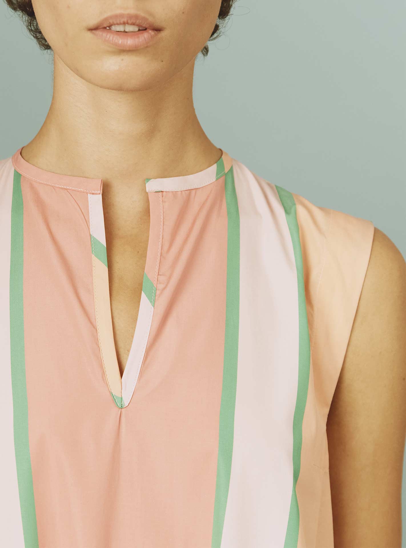 Detail of the neckline - Apolonia Kaftan: Samarkand Stripes - Pink/Green by Thierry Colson | SS24