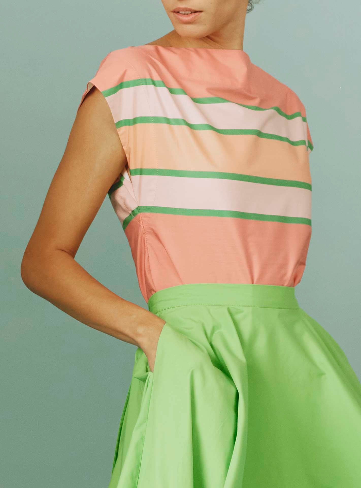 Three-quarter view of Ida Top: Samarkand Stripes - Pink/Green by Thierry Colson