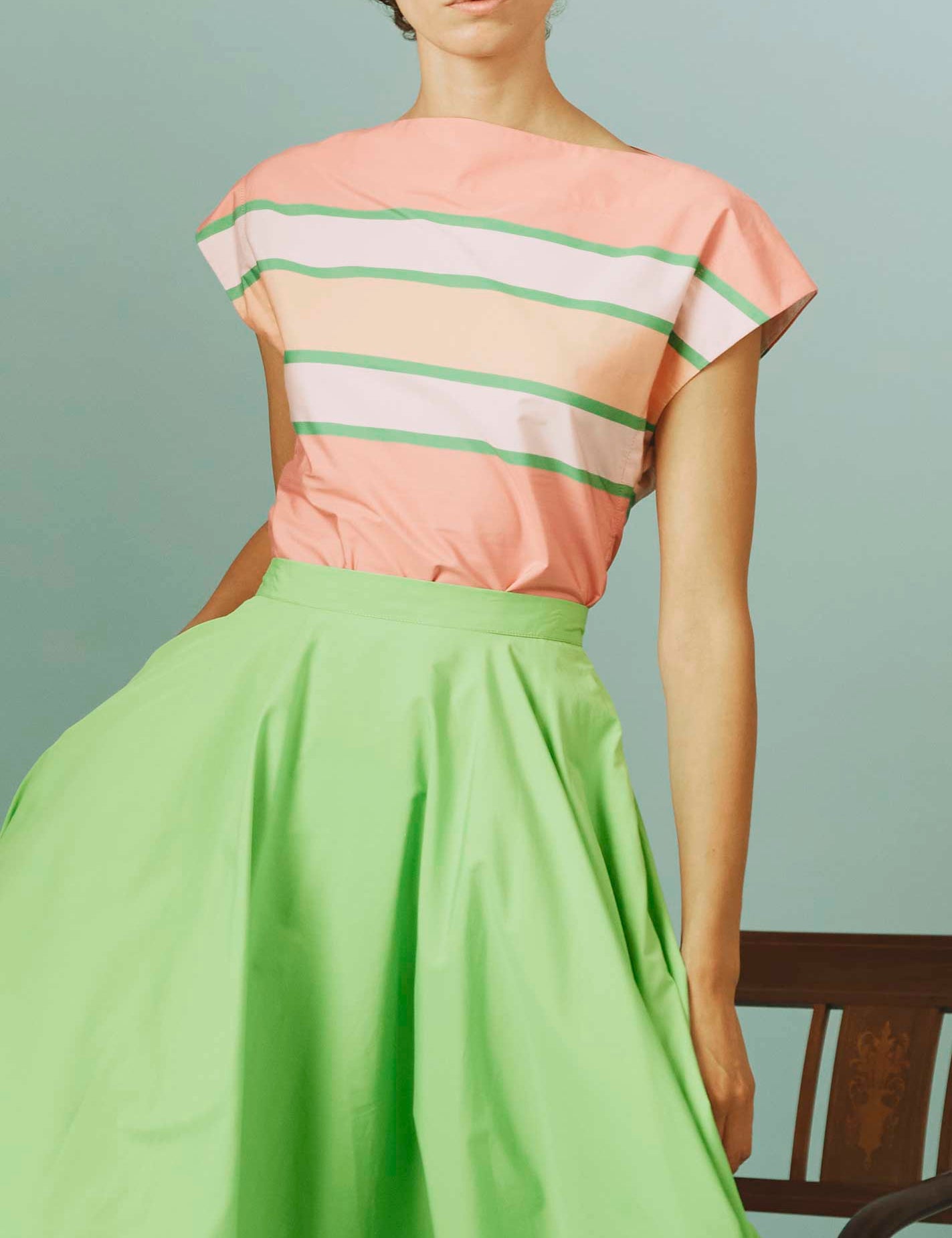 Front view of Ida Top: Samarkand Stripes - Pink/Green by Thierry Colson