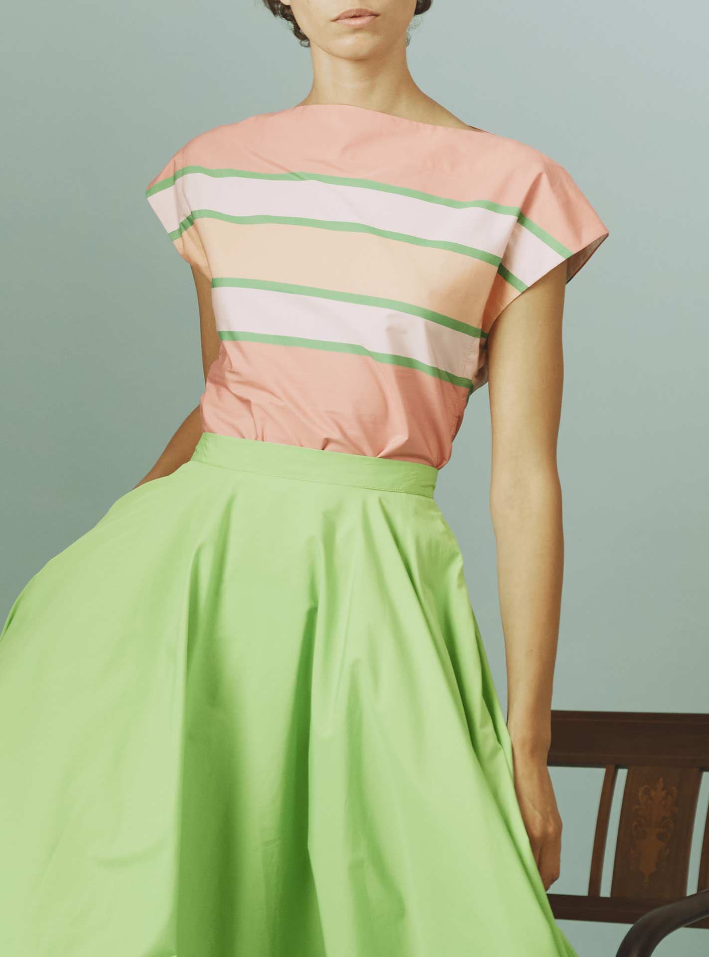 Front view of Ida Top: Samarkand Stripes - Pink/Green by Thierry Colson