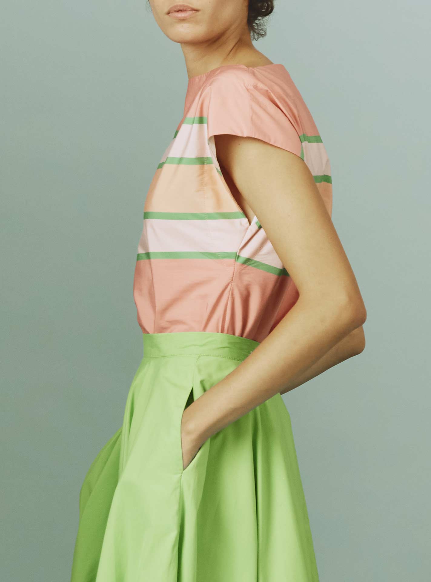 Side view of Ida Top: Samarkand Stripes - Pink/Green by Thierry Colson