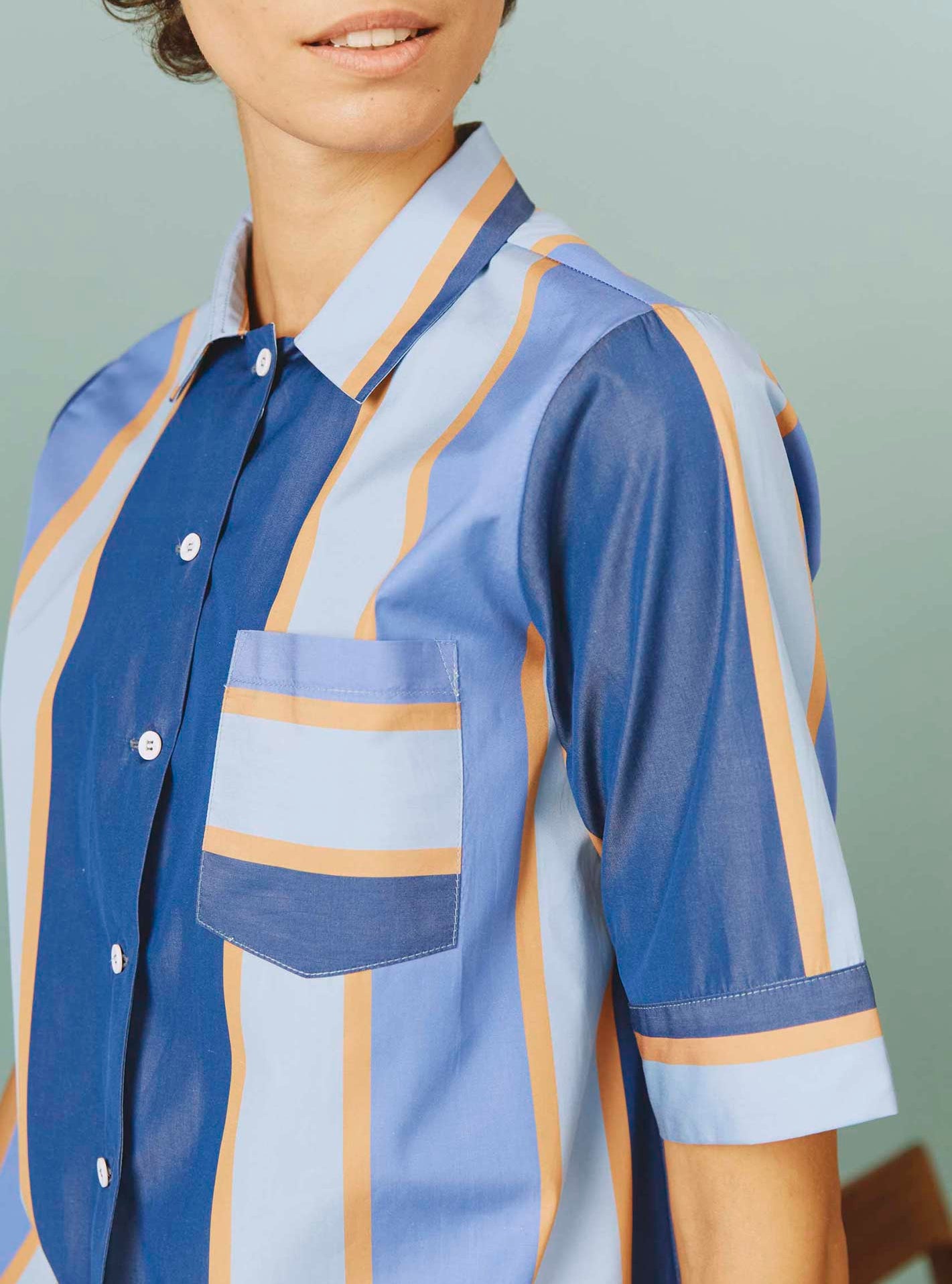 Front Detail - Zouk Shirt: Samarkand Stripes - Blue/Arancio by Thierry Colson | Spring/Summer 2024