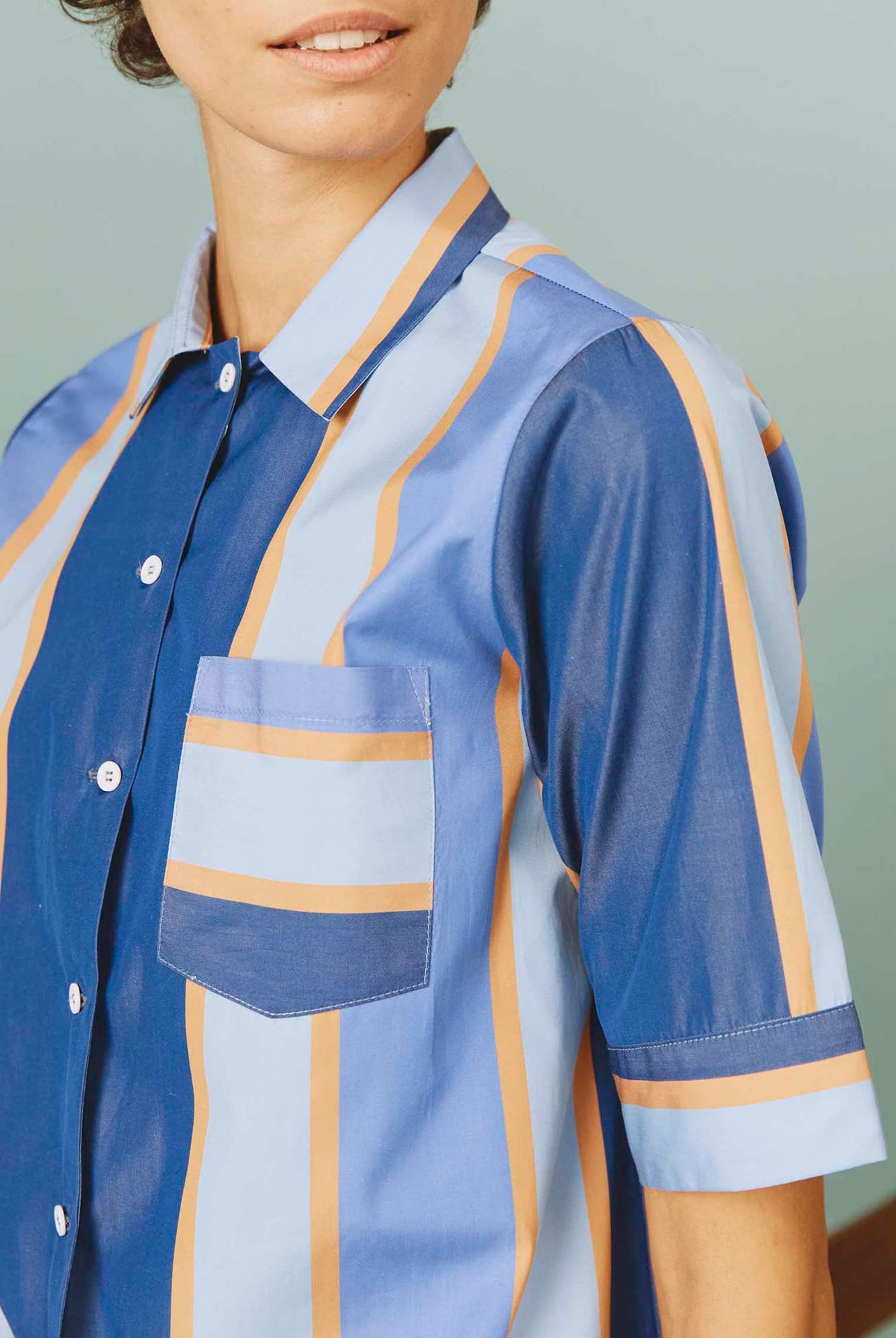 Front Detail - Zouk Shirt: Samarkand Stripes - Blue/Arancio by Thierry Colson | Spring/Summer 2024