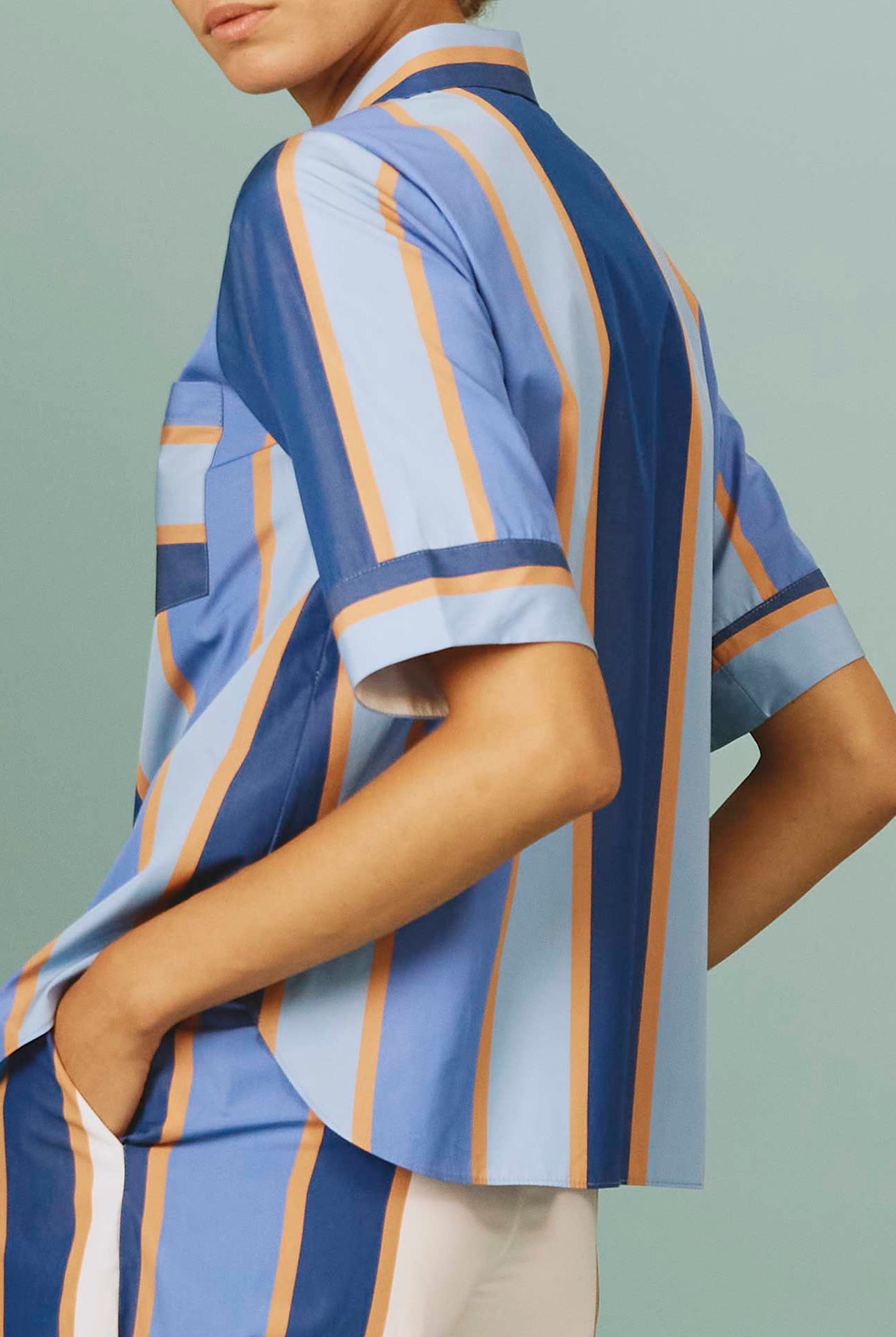 Back view of Zouk Shirt: Samarkand Stripes - Blue/Arancio by Thierry Colson | Spring/Summer 2024