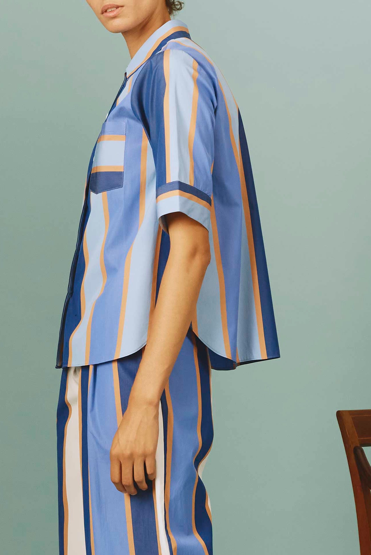 Side view of Zouk Shirt: Samarkand Stripes - Blue/Arancio by Thierry Colson | Spring/Summer 2024