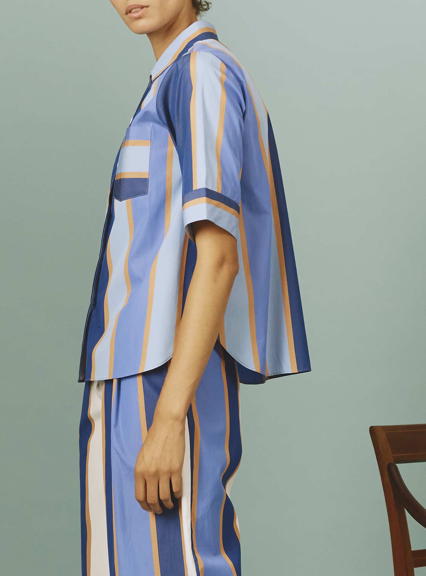 Side view of Zouk Shirt: Samarkand Stripes - Blue/Arancio by Thierry Colson | Spring/Summer 2024