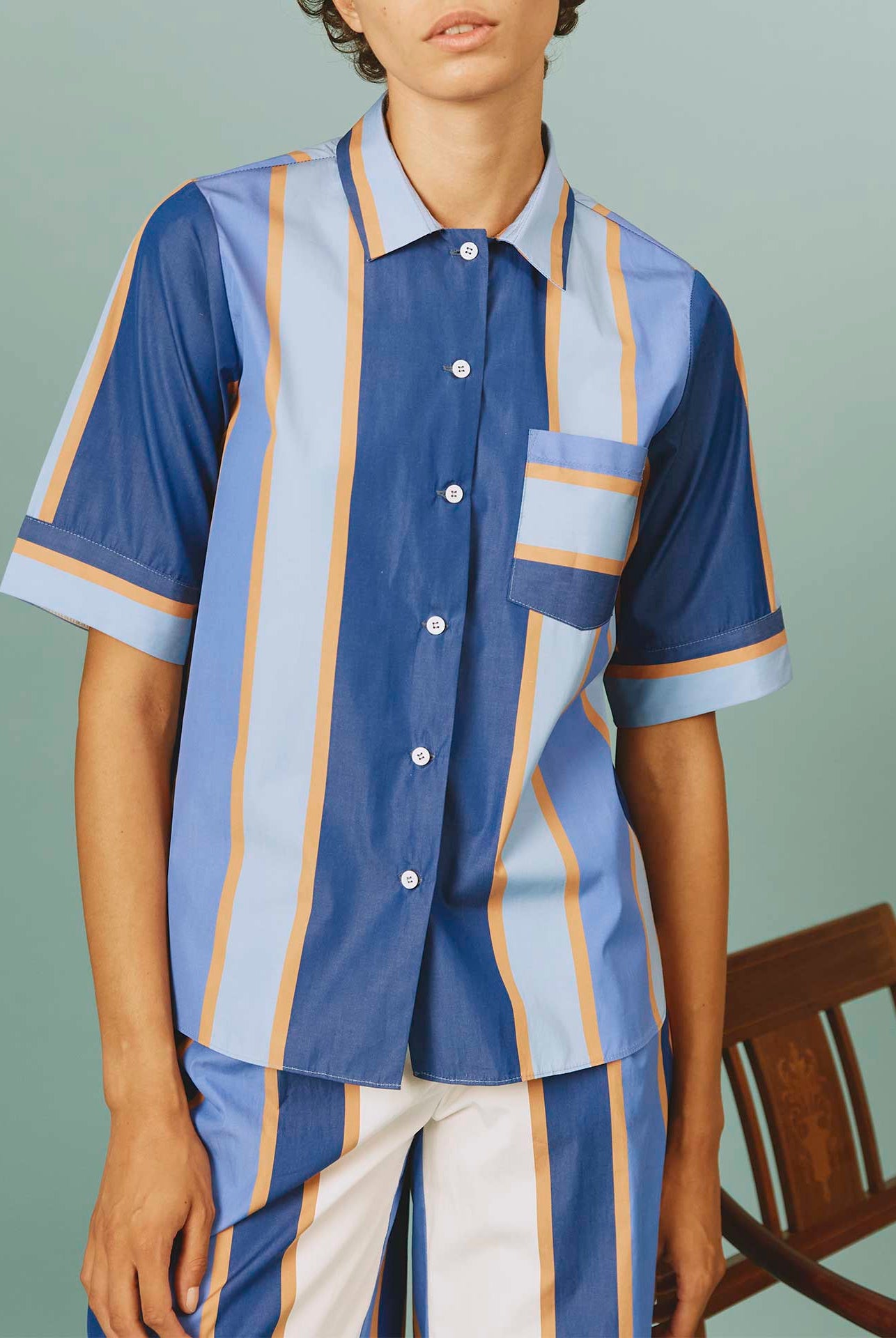 Front view of Zouk Shirt: Samarkand Stripes - Blue/Arancio by Thierry Colson | Spring/Summer 2024