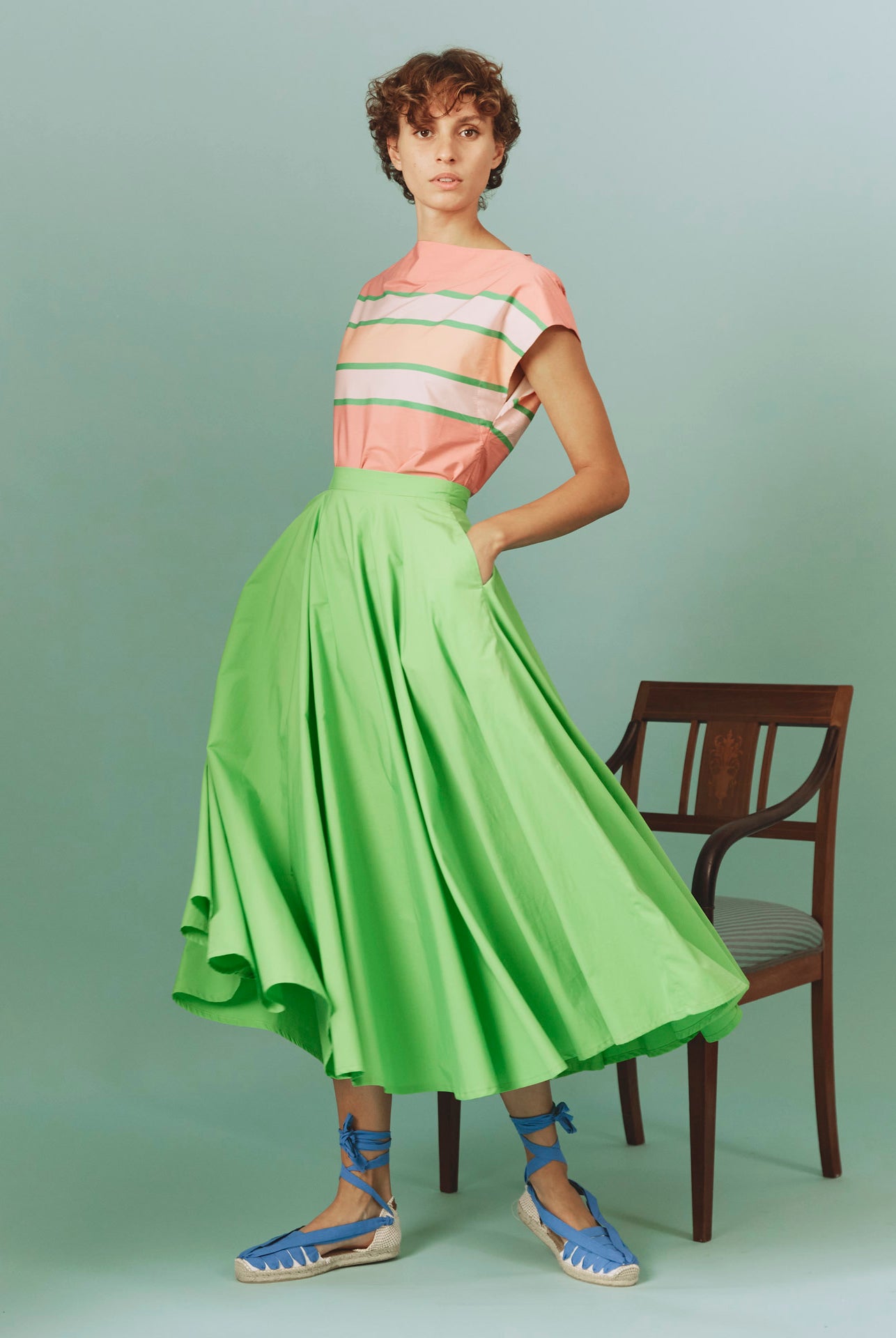 Large view of Audrey Skirt: Matisse Plain Poplin in Green by Thierry Colson with Ida samarkand top
