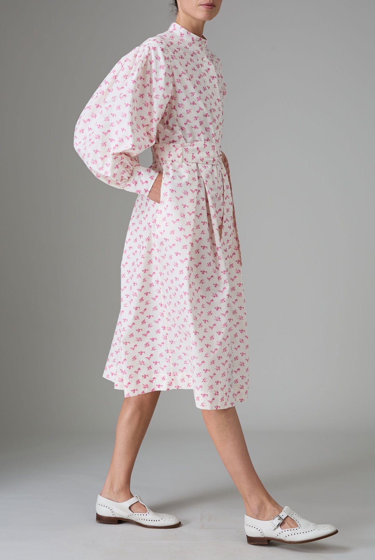 Side view of Yvonne Midi Dress Stuart-Inspired Sleeves Cottage Print Old Rose Hue by Thierry Colson
