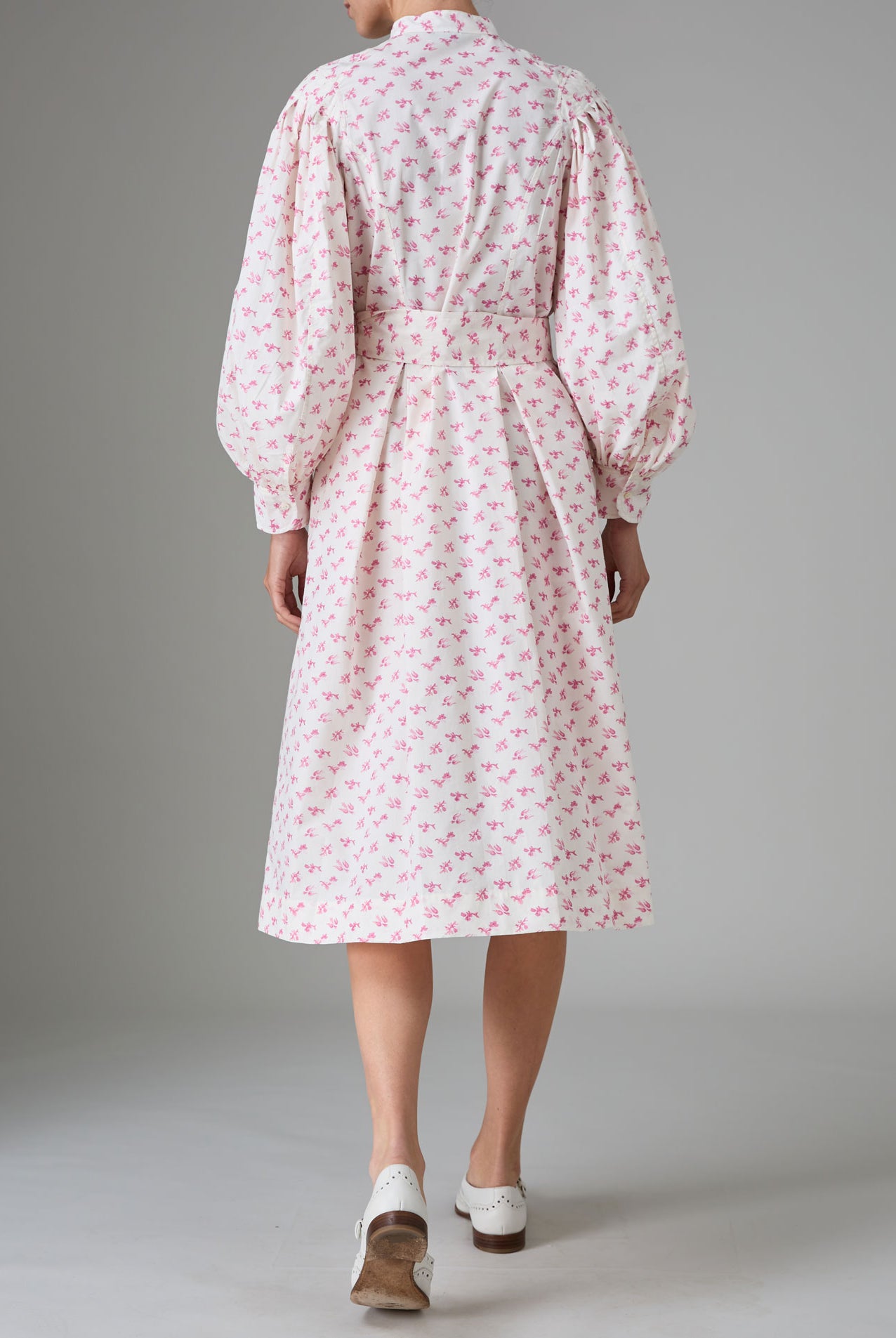 Back view of Yvonne Midi Dress Stuart-Inspired Sleeves Cottage Print Old Rose Hue by Thierry Colson